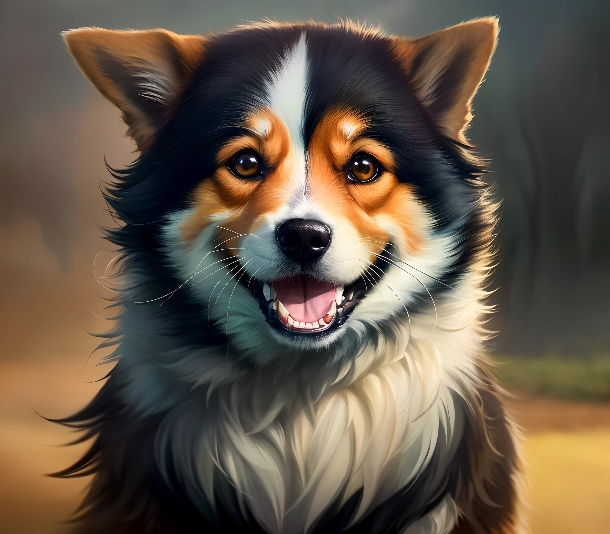 close up portrait of a happy corgi dog, dark background, anime style, ghibli studio style, highly detailed, professional majestic oil painting by Ed Blinkey, Atey Ghailan, Studio Ghibli, by Jeremy Mann, Greg Manchess, Antonio Moro, trending on ArtStation, trending on CGSociety, Intricate, High Detail, Sharp focus, dramatic, photorealistic painting art by midjourney and greg rutkowski