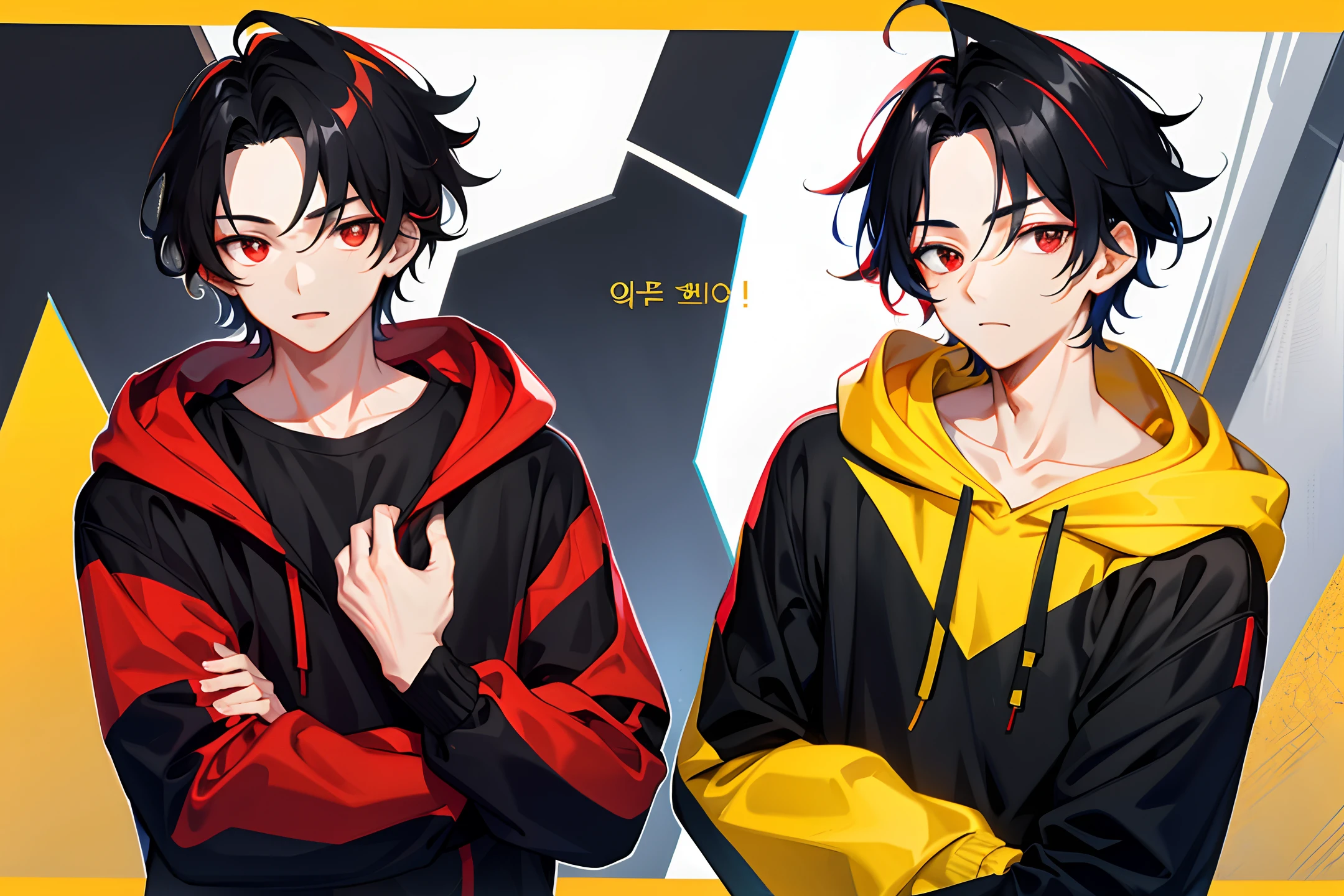 1 boy, handsome boy, black hair, comma hair, forehead comma hair, korean hair, street style, gradation yellow red blue hoodie, collor full background, shiny, Red eyes, looking at viewer, upper body