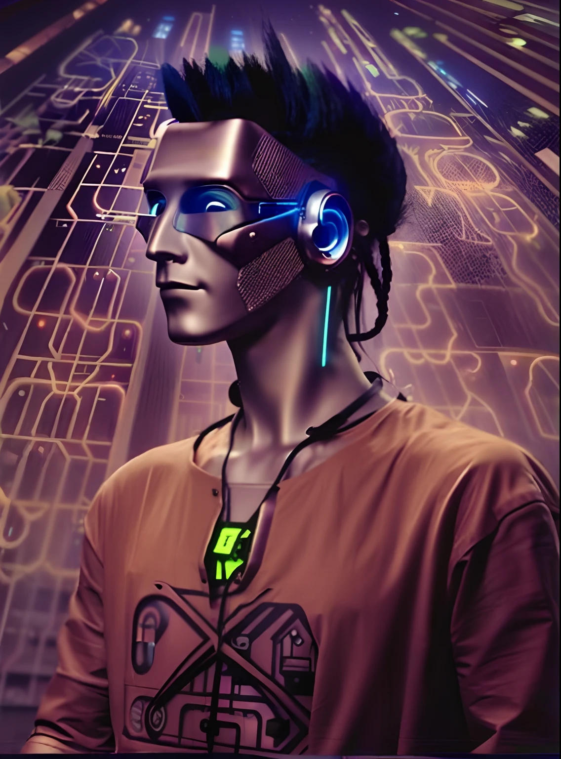 (((cyberpunk man))) neon inplants, steampunk clothes, steampunk sunglasses, (neon cityscape) neon lights, high contrast neon lights, punk hair made of neon tufts, cyborg implants, humanoid,,