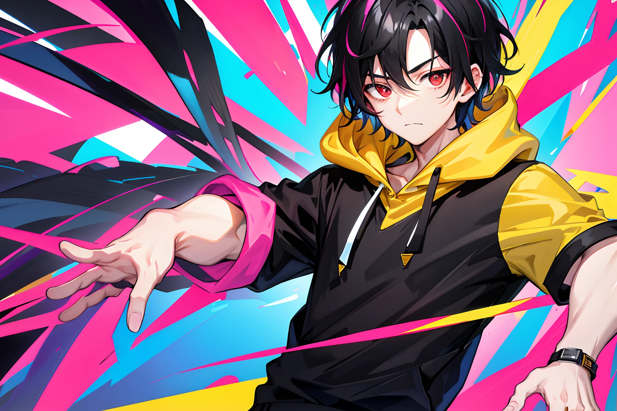 1 boy, handsome boy, black hair, comma hair, forehead comma hair, korean hair, street style, gradation yellow pink blue hoodie, collor full background, shiny, Red eyes, looking at viewer, upper body