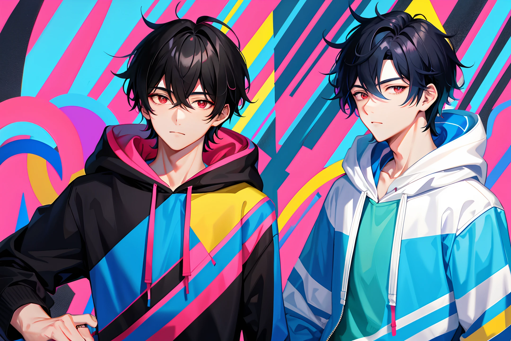 1 handsome boy, black hair, coma hair, coma hair, coma hair, korean hair, street style, gradation hoodie blue pink yellow, collor full background, shiny, red eyes, viewing viewer, upper body