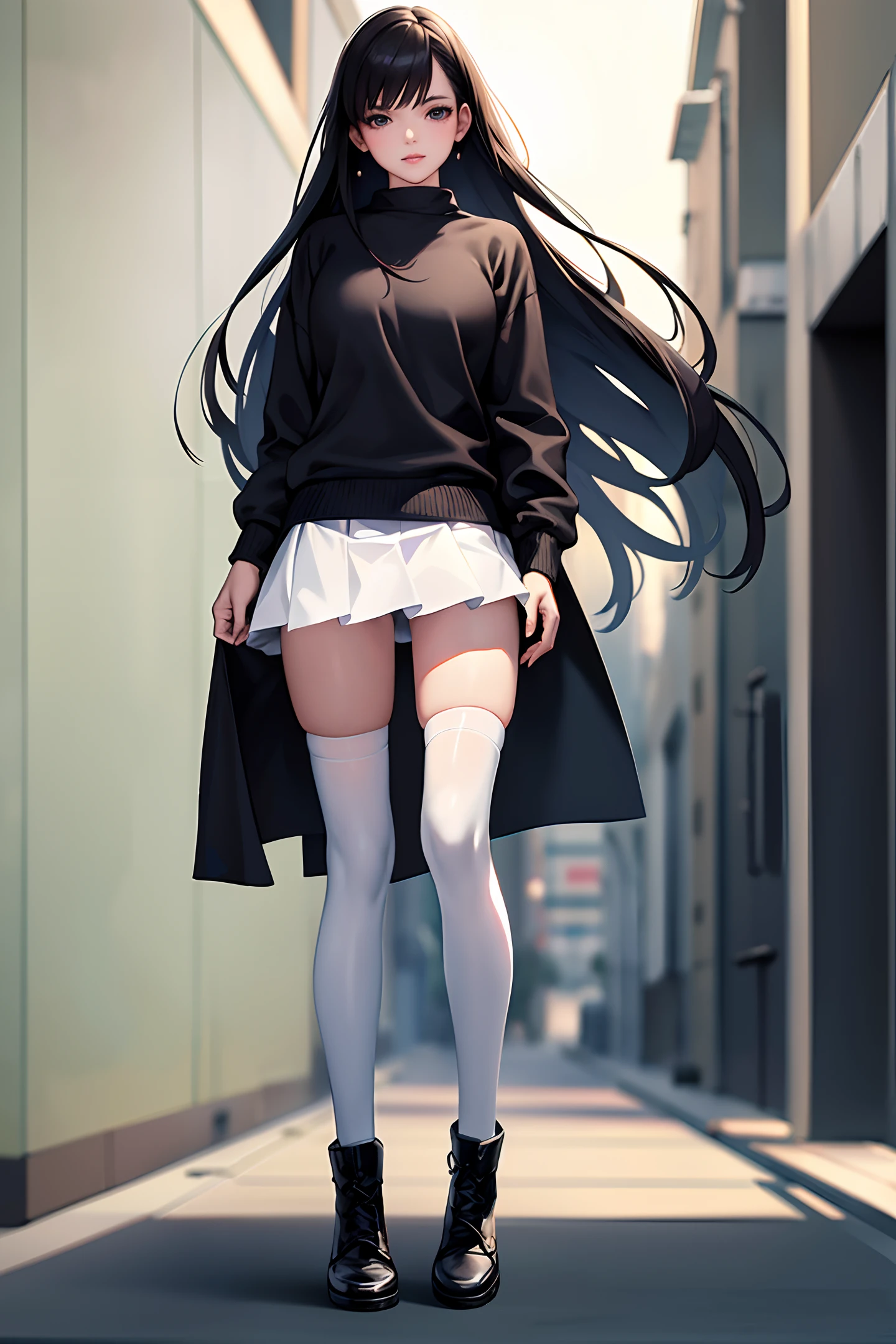 ((masterpiece, best_quality)), 1girl, (photorealistic:1.4),  solo, white_background, black_hair, long_hair,   zettai_ryouiki, skirt, ((full_body)),  