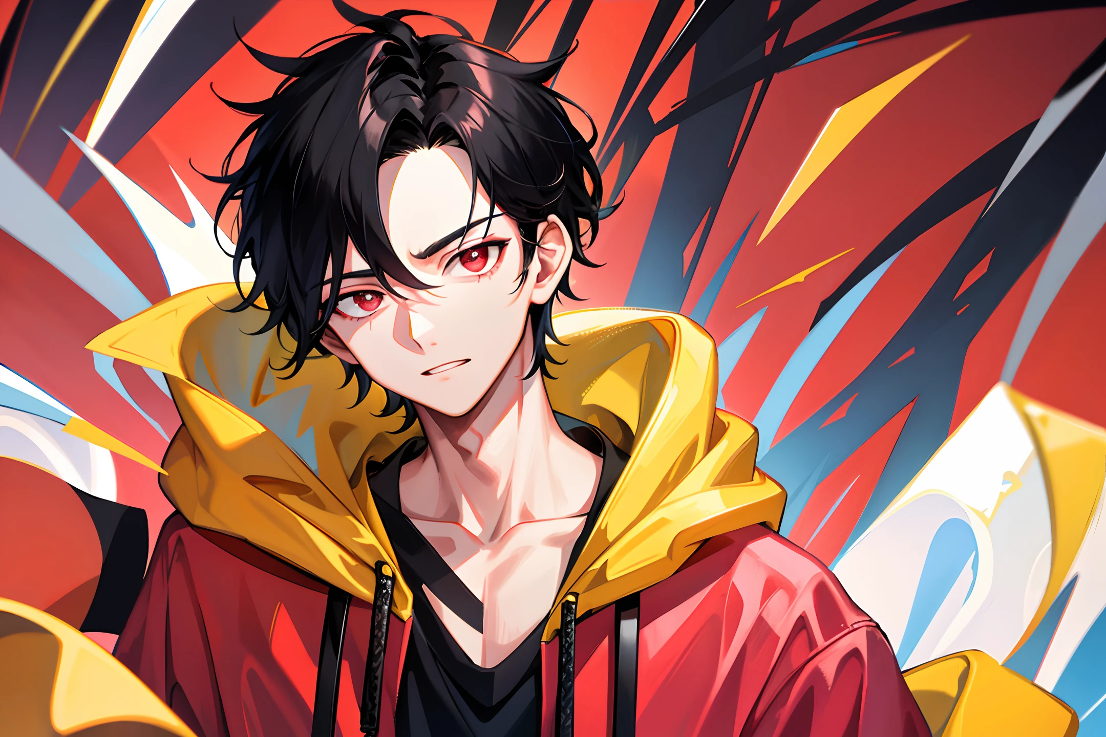 1 boy, handsome boy, black hair, comma hair, forehead comma hair, korean hair, Red eyes, street style, gradattion yellow pink hoodie, Collor full background, shiny, looking at viewer, upper body
