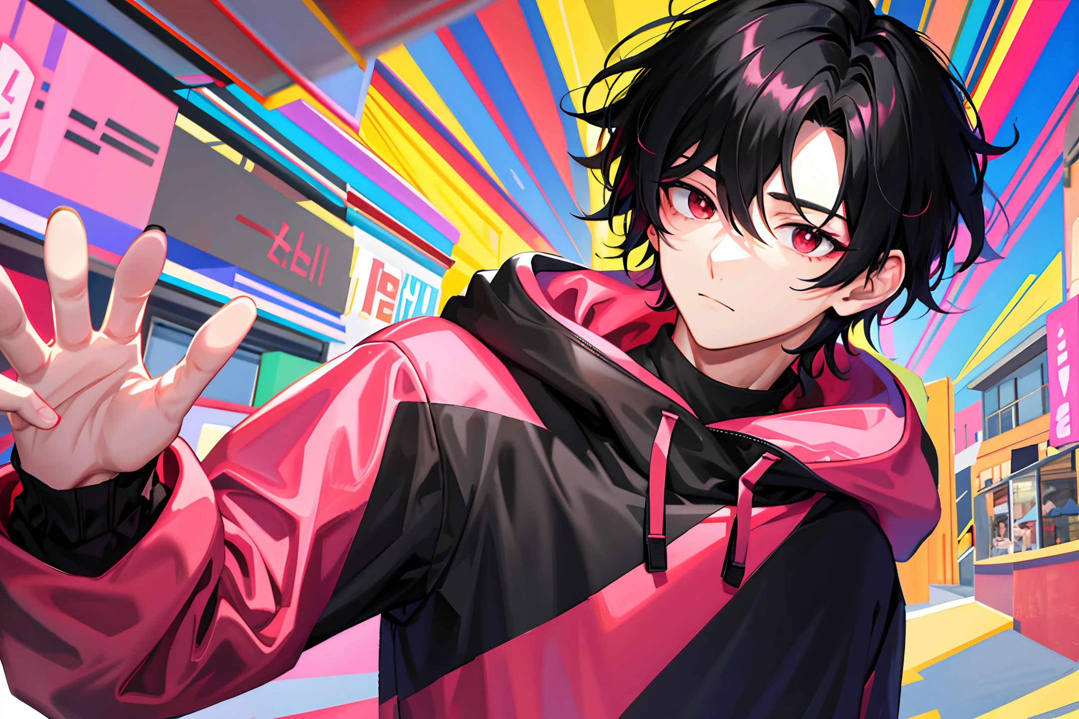 1 handsome boy, black hair, coma hair, coma hair, korean hair, red eyes, street style, gradattion hoodie pink yellow, collor full background, shiny, viewing viewer, upper body