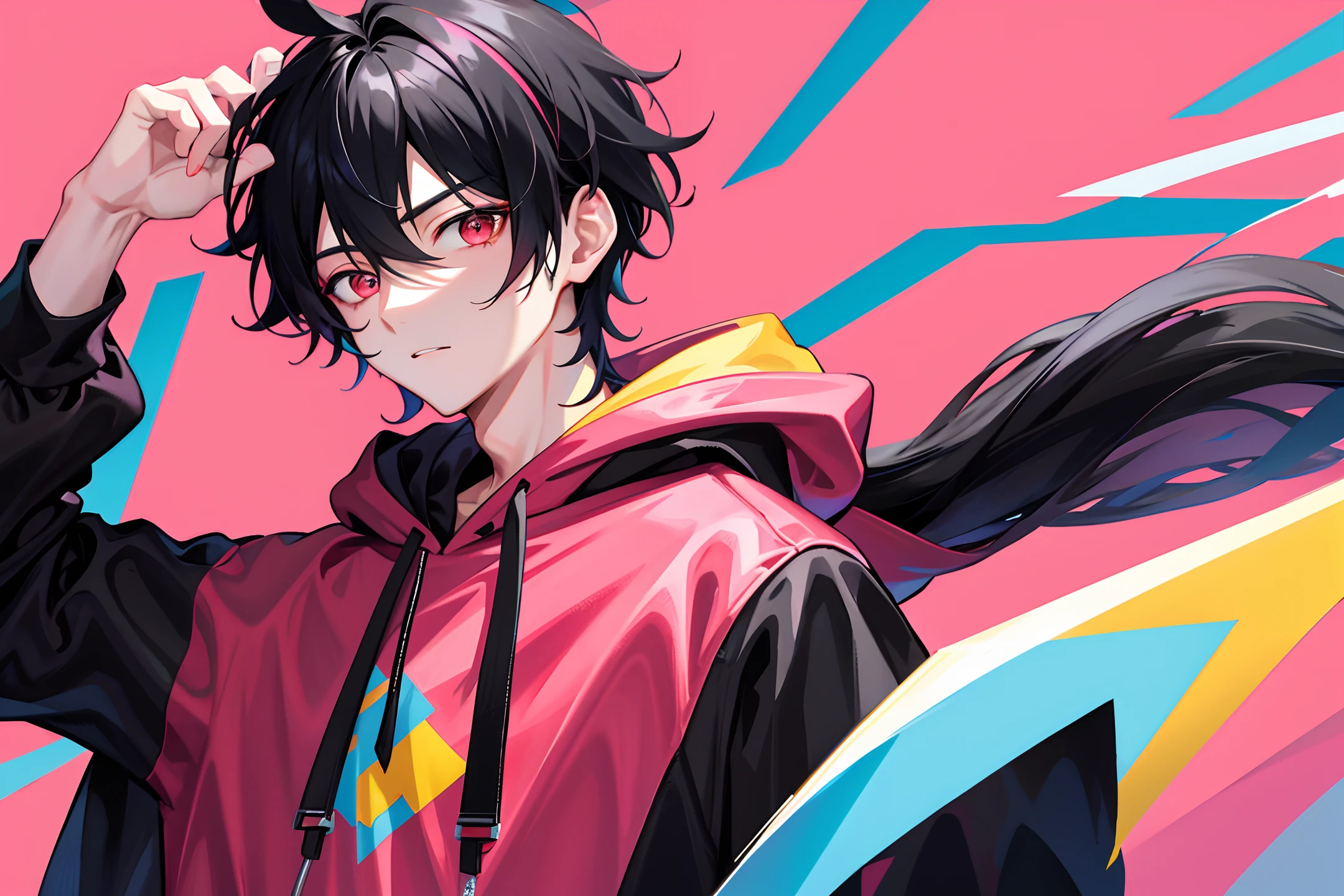 1 handsome boy, black hair, coma hair, coma hair, korean hair, red eyes, street style, gradattion hoodie pink yellow, collor full background, shiny, viewing viewer, upper body