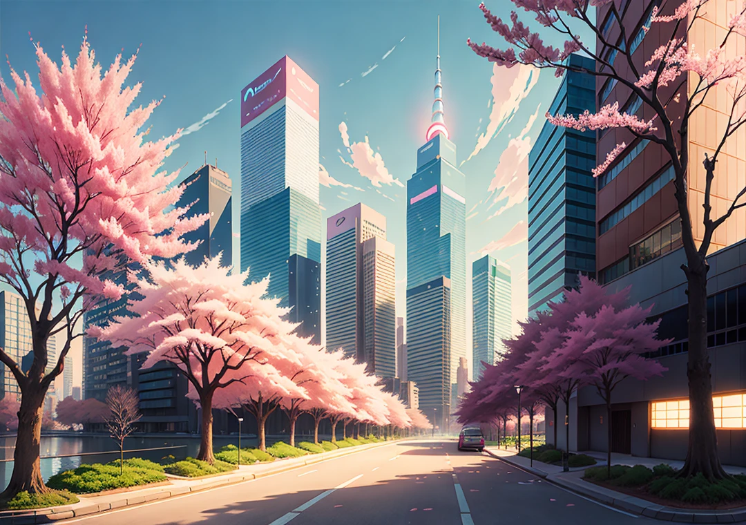 This is a picture of a city with lots of cherry blossom trees, inspired by Makoto Shinkai's popular conceptual art on pixiv, aestheticism, beautiful anime scenes, anime aesthetics, spring cities, enhanced details, Tokyo anime scenes, anime background art, anime aesthetics, and anime-style cityscapes.