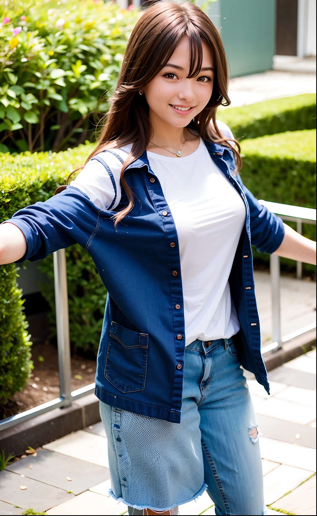 High quality, super high resolution, (realism: 1.4), 1girl, hairpin, light white women's shirt, outdoor, sexy, lace, full body shot, light smile, big boobs