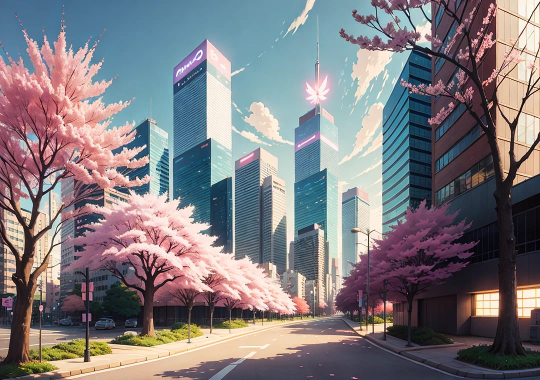 This picture depicts a city with lots of cherry blossom trees, inspired by Makoto Shinkai's popular concept art and masterpieces on pixiv, high quality, extremely detailed CG Unity 8k wallpapers, aesthetics, beautiful anime scenes, anime aesthetics, spring cities, enhanced details, Tokyo anime scenes, anime background art, anime aesthetics, anime aesthetics, and anime-style cityscapes.