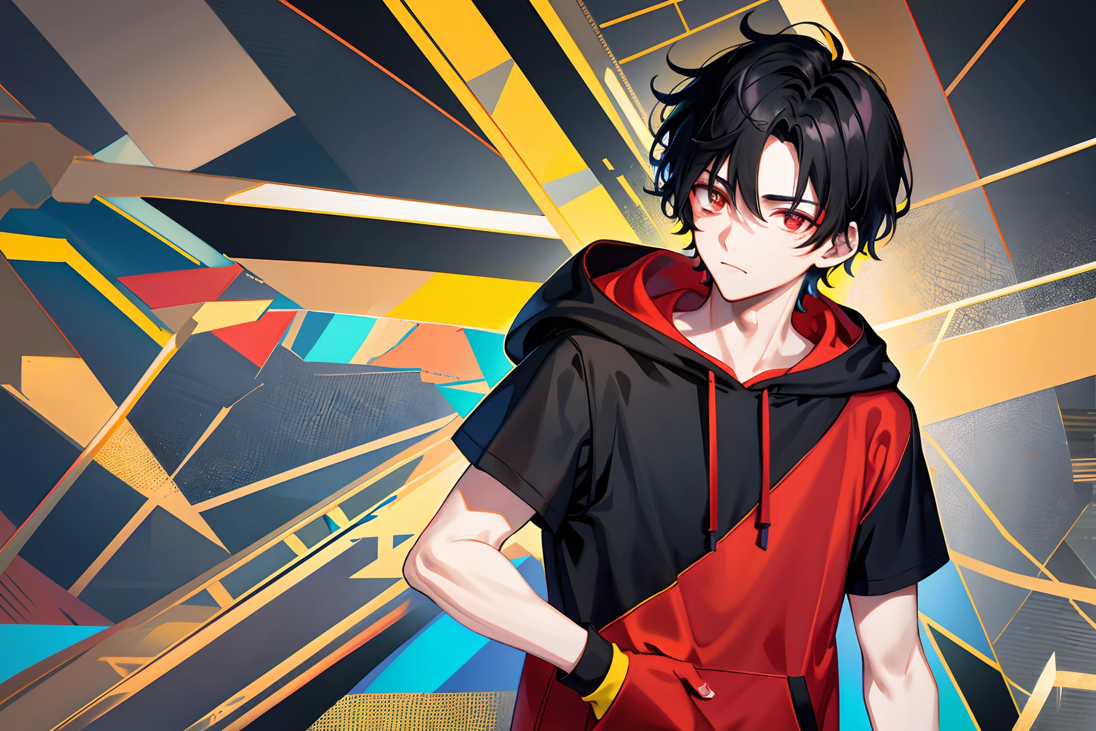 1 boy, handsome boy, black hair, black short haired man, with center hair, forehead comma hair, street style, gradation yellow red blue hoodie, collor full background, shiny, Red eyes, looking at viewer, upper body 
