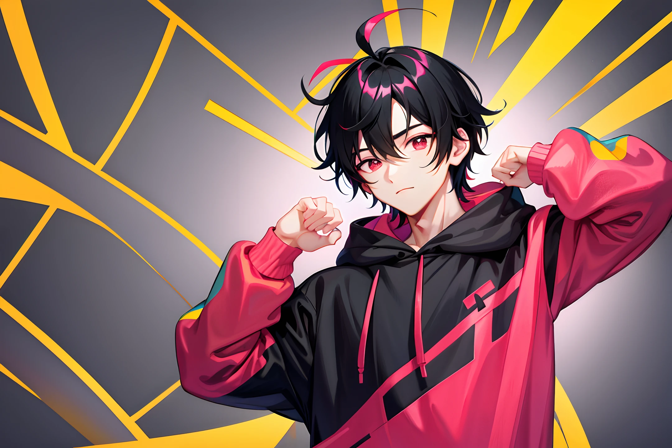 1 handsome boy, black hair, forehead coma hair, korean hair, red eyes, street style, gradattion hoodie pink yellow, collor full background, shiny, viewing viewer, upper body