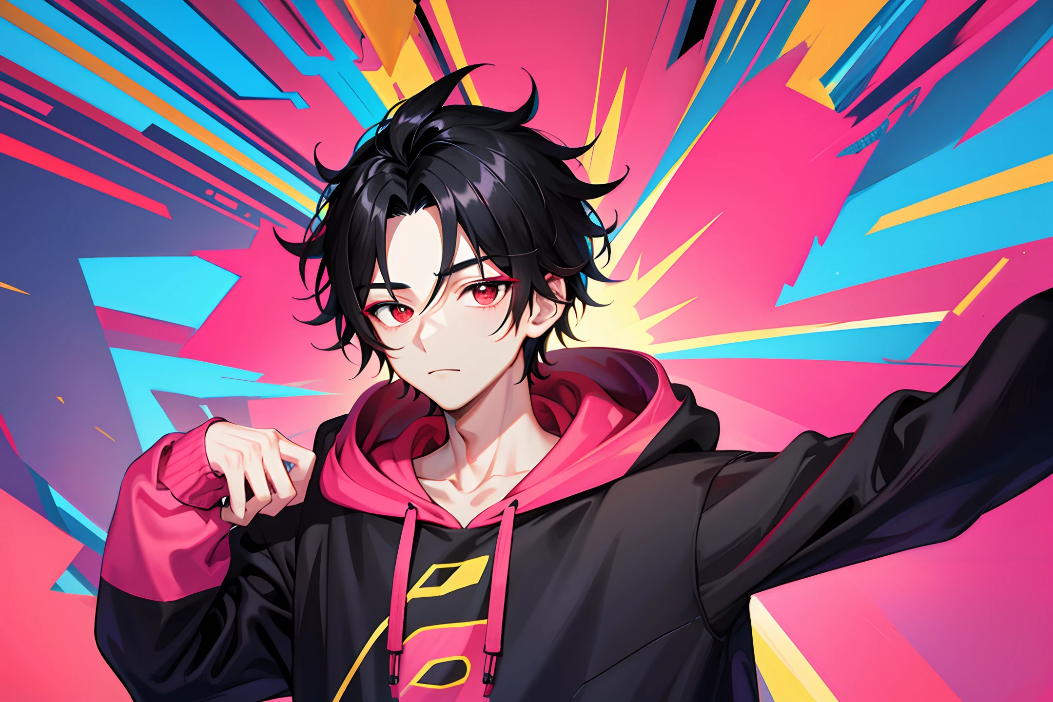 1 handsome boy, black hair, forehead coma hair, korean hair, red eyes, street style, gradattion hoodie pink yellow, collor full background, shiny, viewing viewer, upper body
