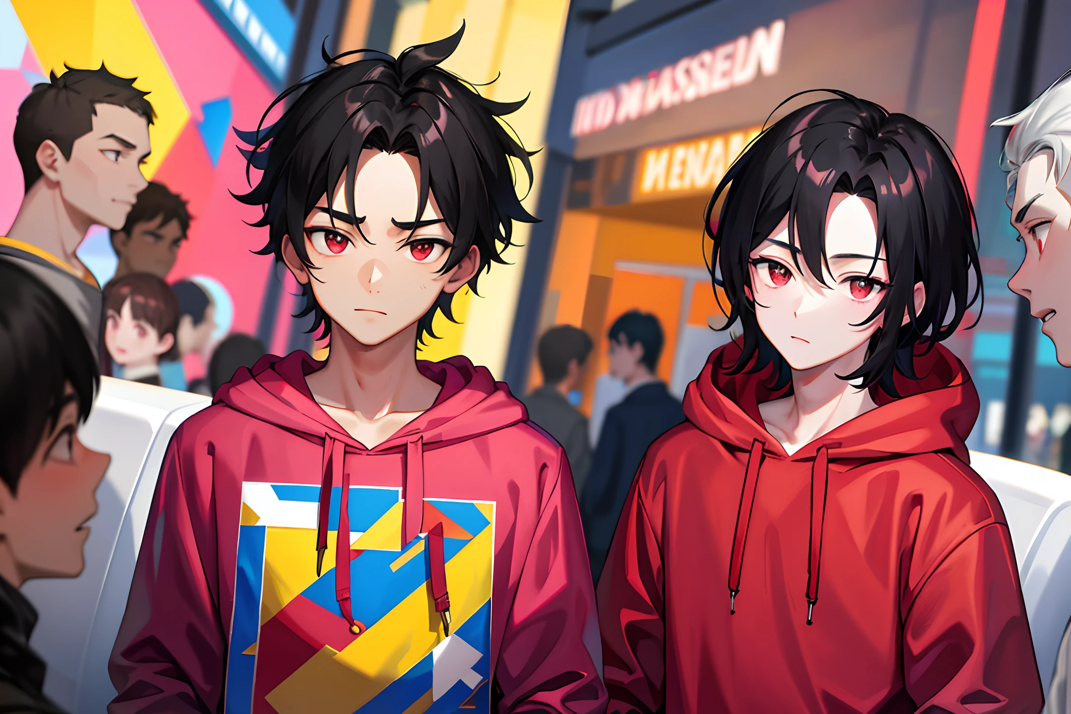 (masterpiece:1.2, best quality)), 1 handsome boy, black hair, forehead coma hair, korean hair, red eyes, street style, gradattion hoodie pink yellow, full background collor, shiny, viewing viewer, upper body