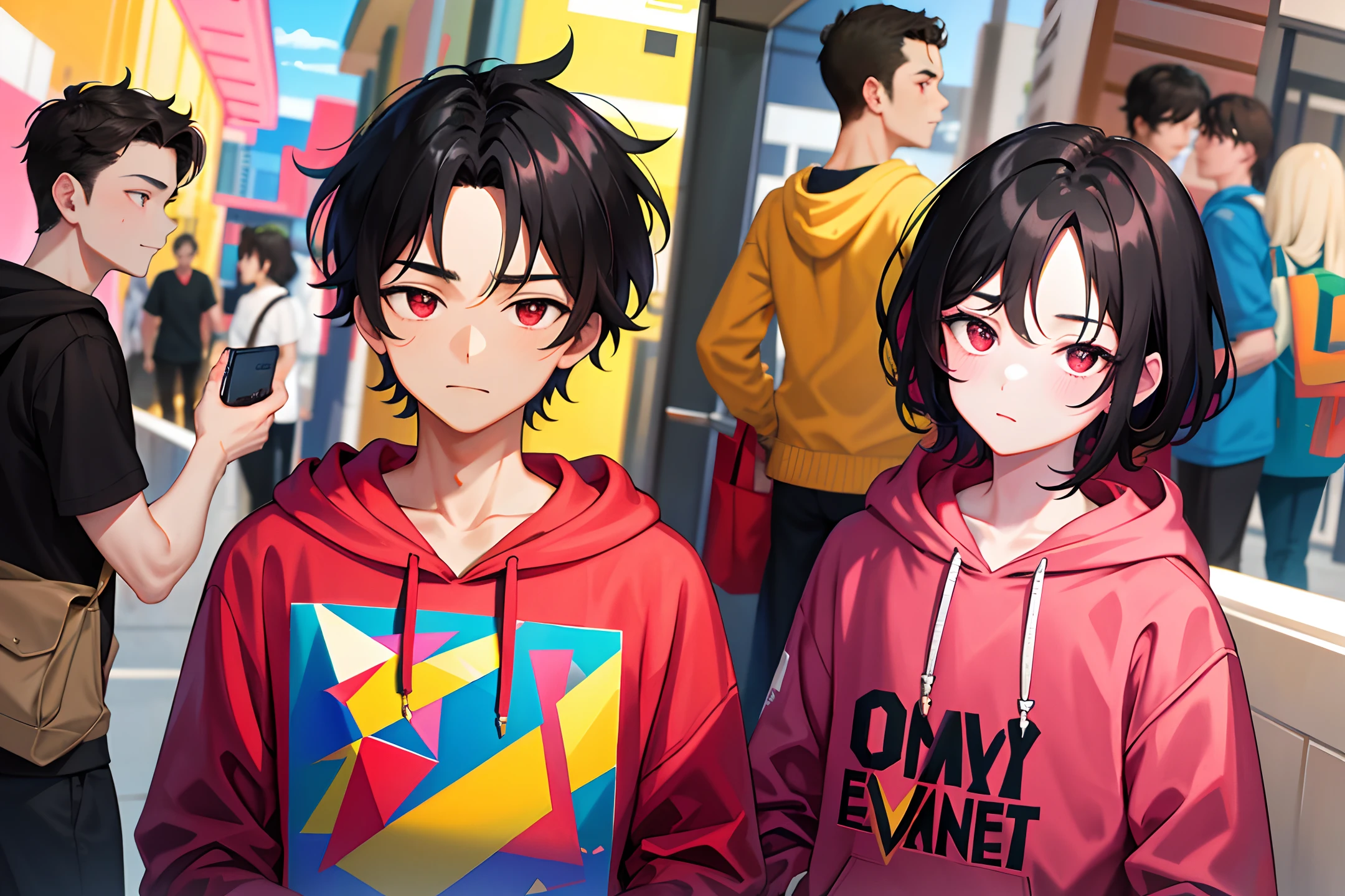 (masterpiece:1.2, best quality)), 1 handsome boy, black hair, forehead coma hair, korean hair, red eyes, street style, gradattion hoodie pink yellow, full background collor, shiny, viewing viewer, upper body
