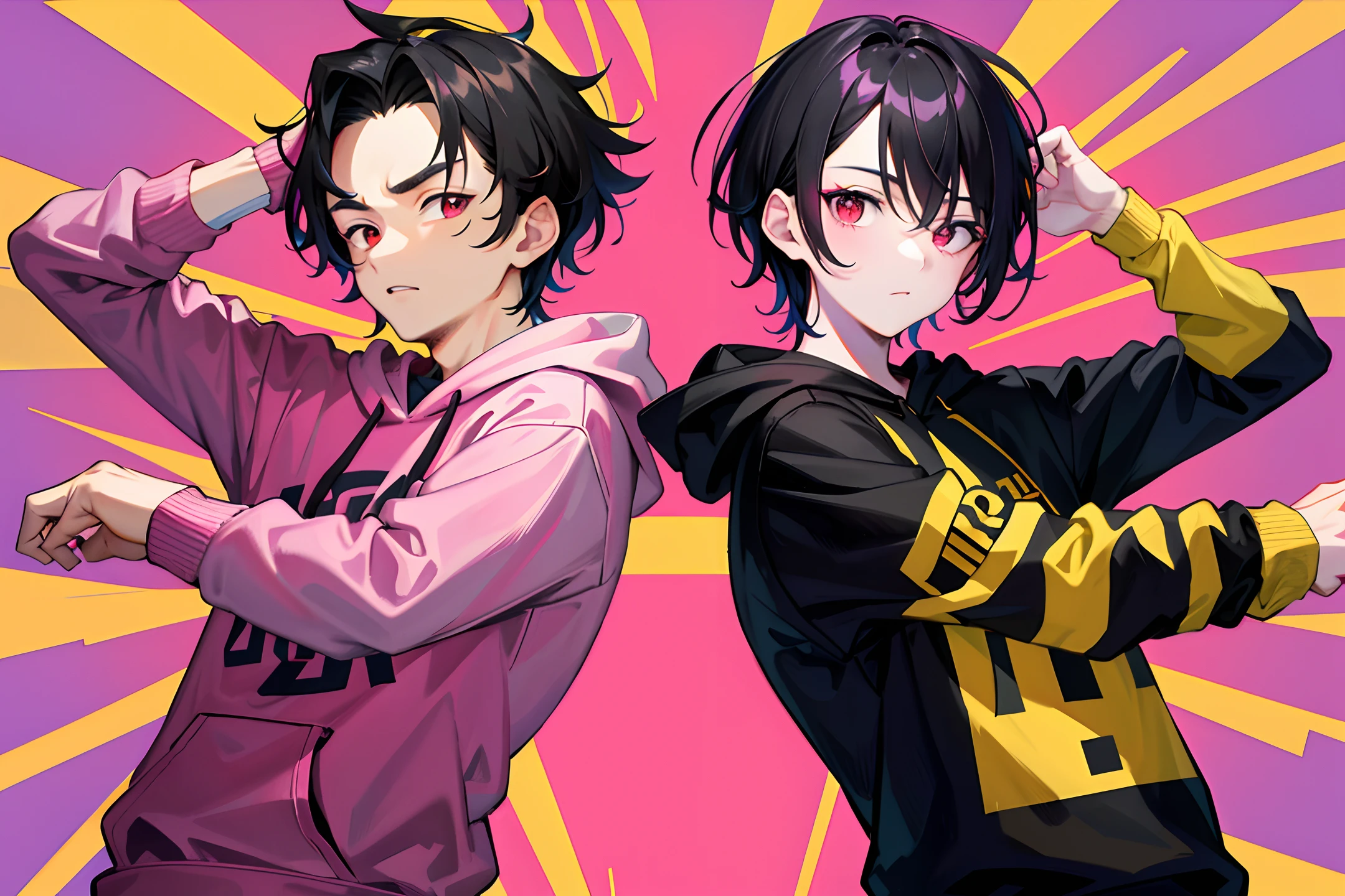 (masterpiece:1.2, best quality)), 1 handsome boy, black hair, forehead coma hair, korean hair, red eyes, street style, gradattion hoodie pink yellow, full ollor background, shiny, viewing viewer, upper body
