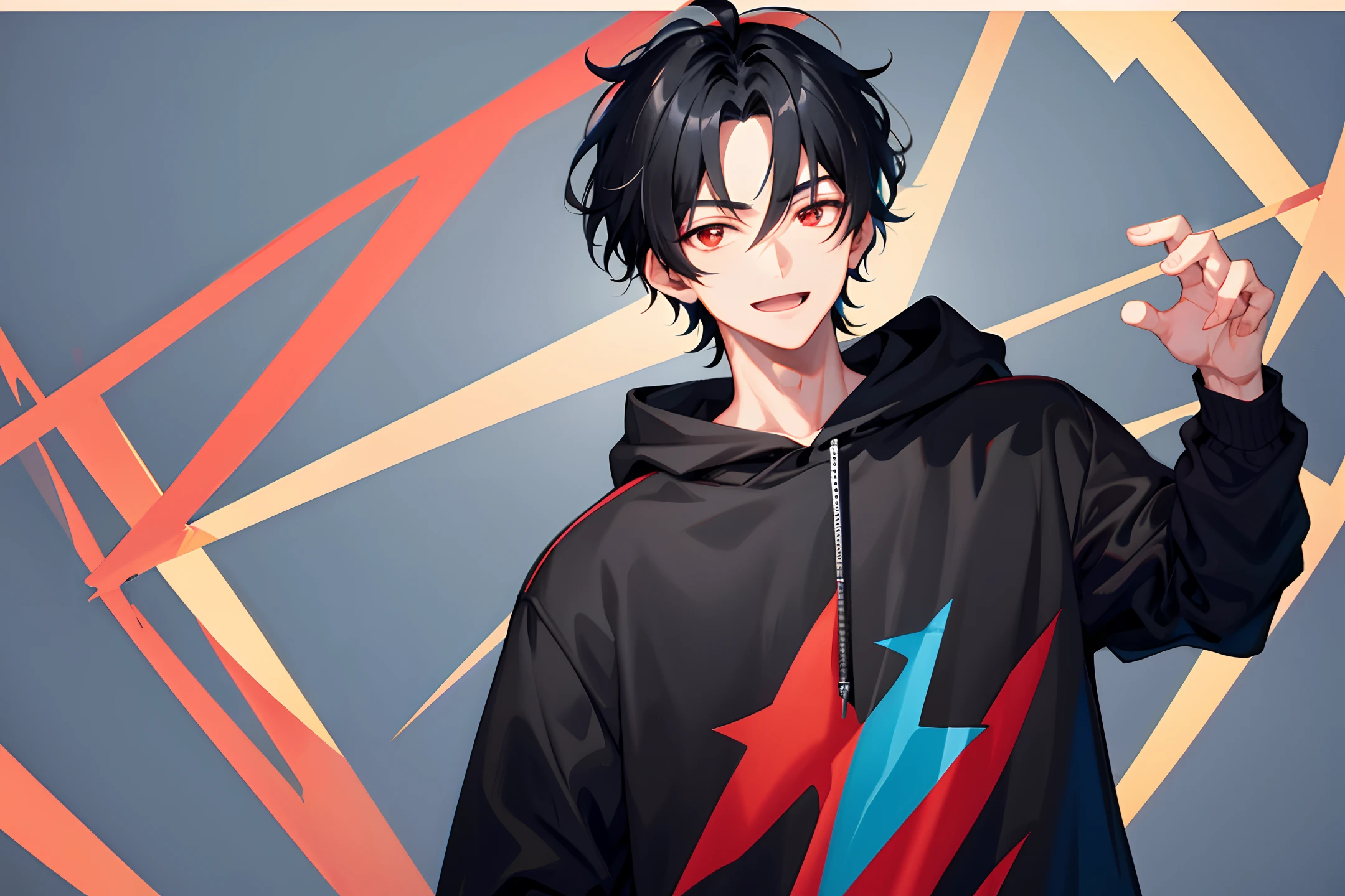 1 boy, handsome boy, black hair, black short haired man, with center hair, forehead comma hair, street style, blue hoodie, collor full background, shiny, Red eyes, happy face, looking at viewer, upper body 
