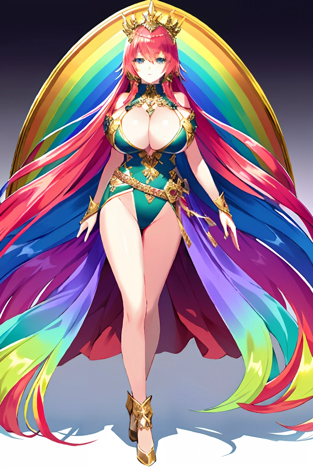 masterpiece, best quality, women, (beautiful), long legs, fair skin, big breast, rainbow colored clothes, golden trims, long hair, shining eye, full body