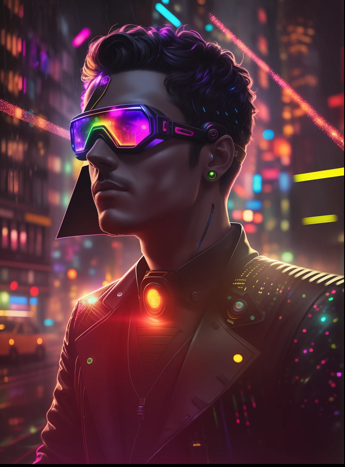 An award winning master piece photo of a cyborg man with psychedelic colors standing in a city street at night in the rain, wearing neon-colored glowing goggles, 8k, (high quality:1.1), (cinematic feeling:1.1), dark deep shadows, incredibly intricate detailing, art , (up close:1.1), from above, looking at viewer, (light sparkles:1.1), (chromatic aberration,:1.2) background with floating light artifacts