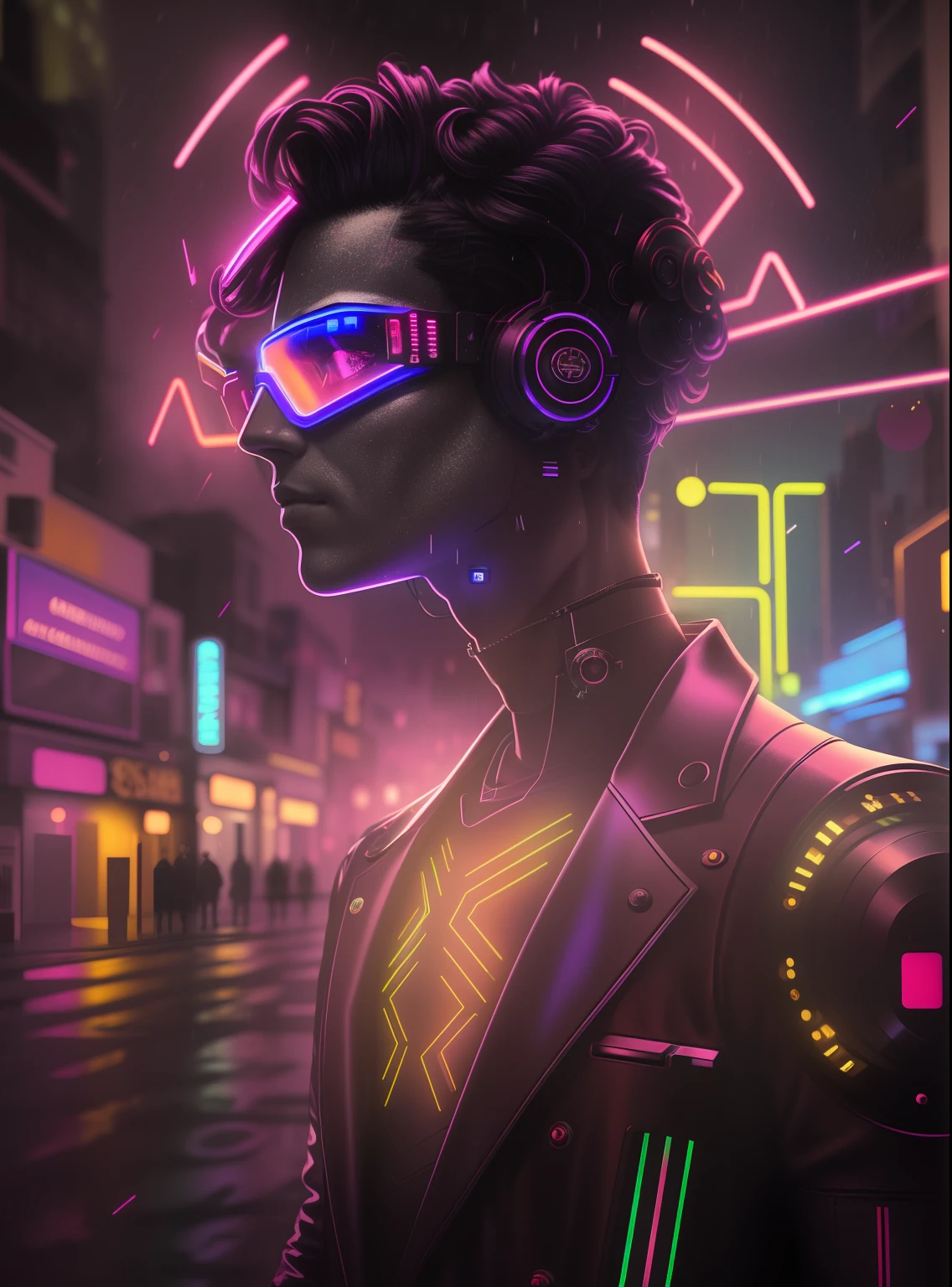 An award winning master piece photo of a cyborg man with psychedelic colors standing in a city street at night in the rain, wearing neon-colored glowing goggles, 8k, (high quality:1.1), (cinematic feeling:1.1), dark deep shadows, incredibly intricate detailing, art , (up close:1.1), from above, looking at viewer, (light sparkles:1.1), (chromatic aberration,:1.2) background with floating light artifacts