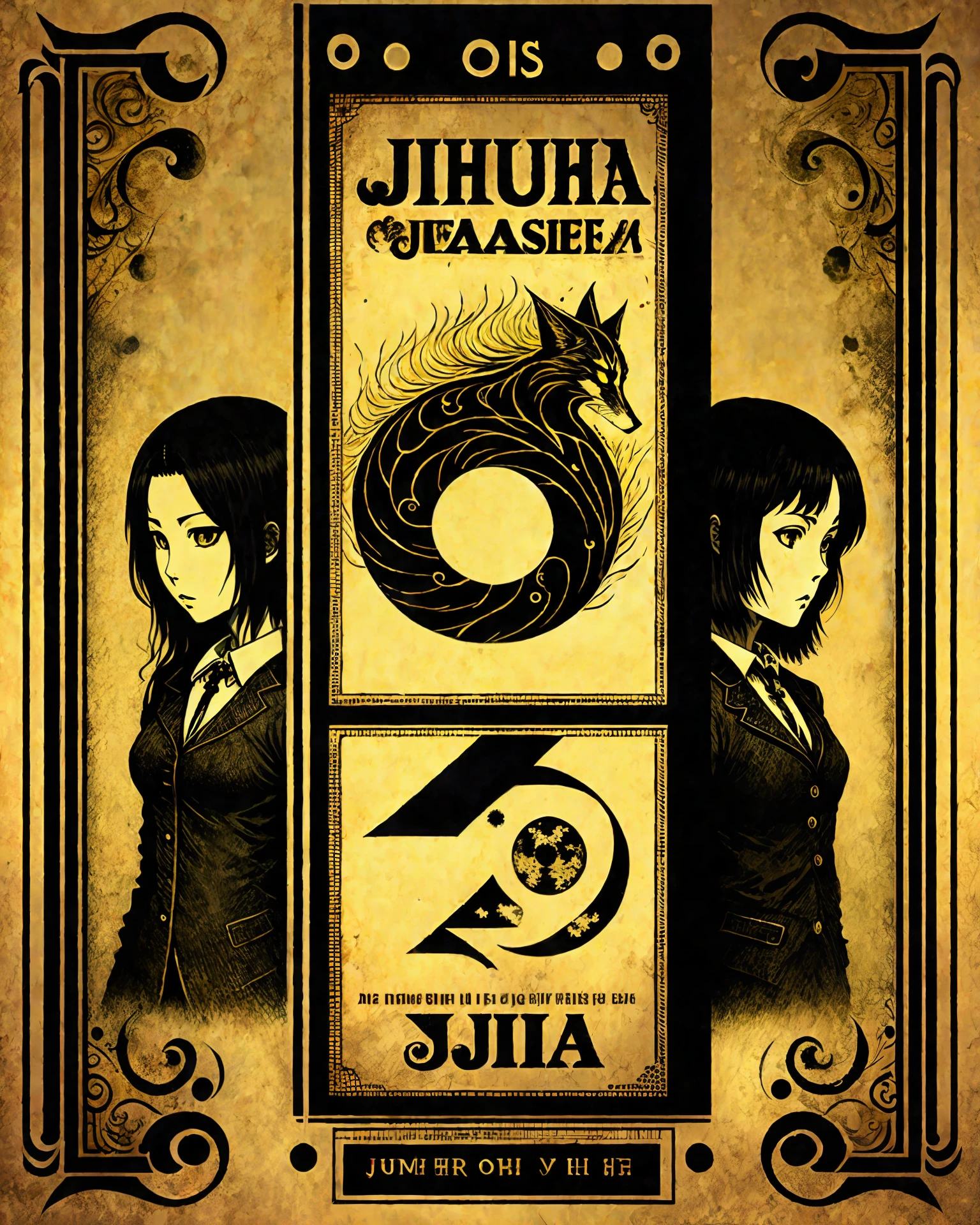 A picture with a question mark symbol in the frame, with words to kill a werewolf, a gold border, and portraits of the characters Shingei, pixiv, and Mingei, created in the style of Junji Ito, a cover illustration, stylized graphic novel, the style of pixivs and Junji Ito, [tarot card]!! , Ito Junji's art style, Ito Junji's style.