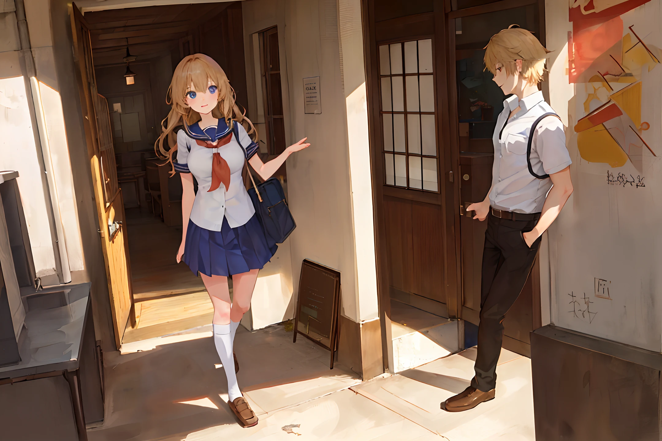 (1 girl), (anime boy), (walking together), (big eyes), splash art anime Lolita, blonde anime girl with long hair, (brunette anime boy with short hair: 1.1), smooth anime CG art, animation art wallpaper 8k, 4K comic wallpaper, (big boobs: 1.1), (in school uniform: 1.2), (in school uniform: 1.2), (at the entrance of the school)