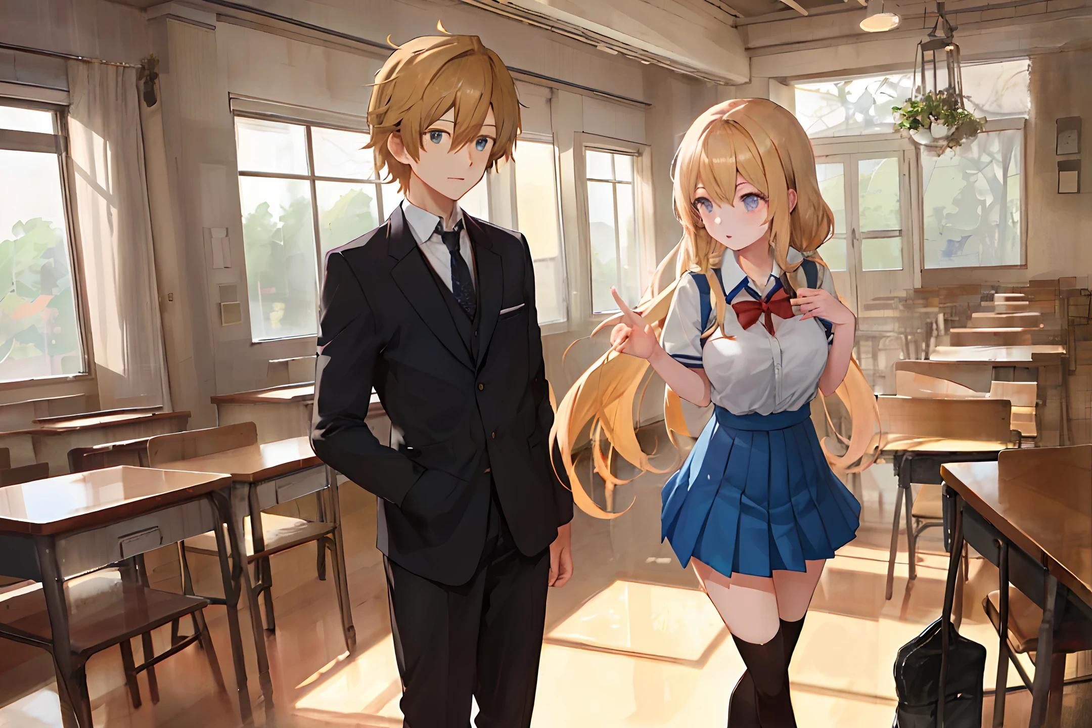 (1 girl), (anime boy), (walking together), (big eyes), splash art anime ta, blonde anime girl with long hair, (brunette anime boy with short hair: 1.1), smooth anime CG art, animation art wallpaper 8k, 4K comic wallpaper, (big boobs: 1.1), (in school uniform: 1.2), (in school uniform: 1.2), (at the entrance of the school)