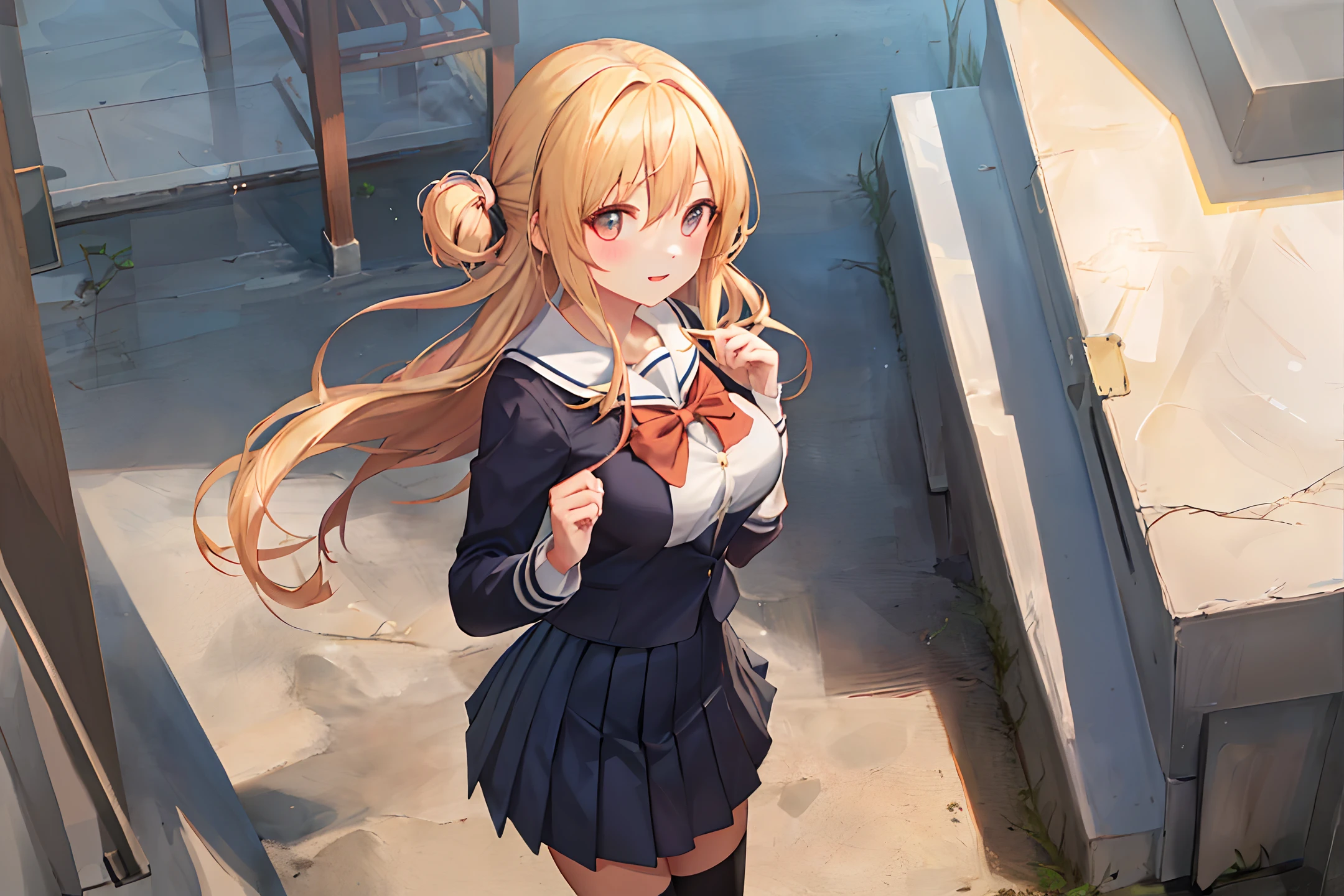 (1 girl), (anime boy), (walking together), (big eyes), splash art anime Lolita, blonde anime girl with long hair, (brunette anime boy with short hair: 1.1), smooth anime CG art, animation art wallpaper 8k, 4K comic wallpaper, (big boobs: 1.1), (in school uniform: 1.2), (in school uniform: 1.2), (at the entrance of the school)