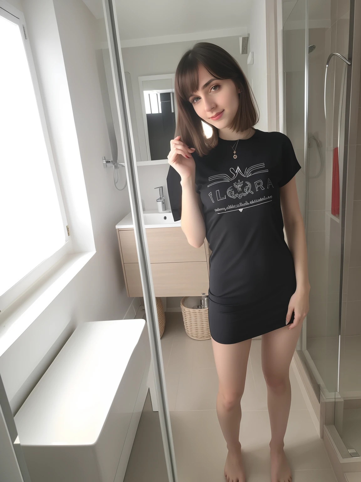 cute Polish girl, long haircut, pale skin, slim body, background is bathroom, (high detailed skin:1.2), 8k uhd, dslr, soft lighting, in lingerie