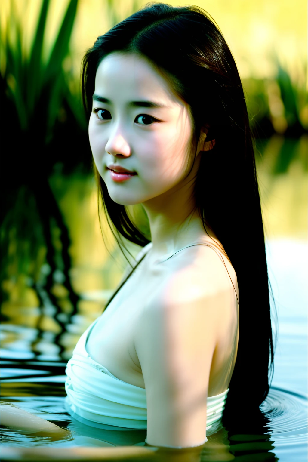Original photographs, actresses, portraits of Liu Yifei bathing in the river (pale face, young girl, pretty face), reeds, (backlight), realism, masterpieces, highest image quality, shadows, original photographs,