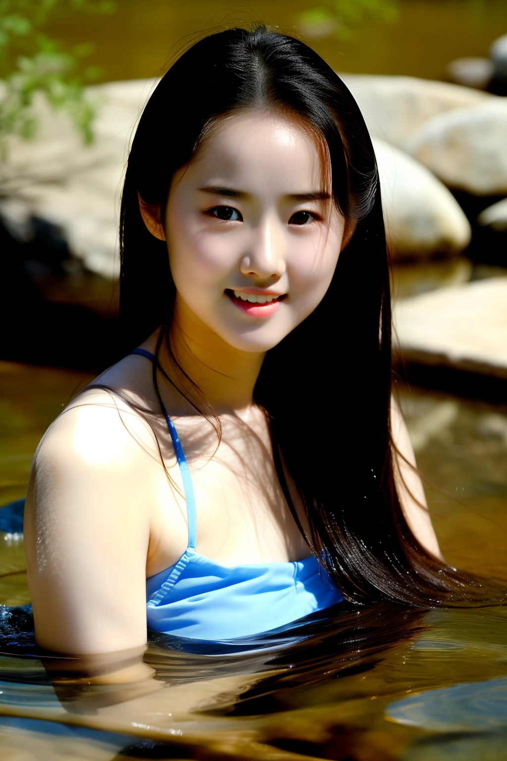 Original photographs, actresses, portraits of Liu Yifei bathing in the river (pale face, young girl, pretty face), realism, masterpieces, highest quality images, shadows, original photographs,