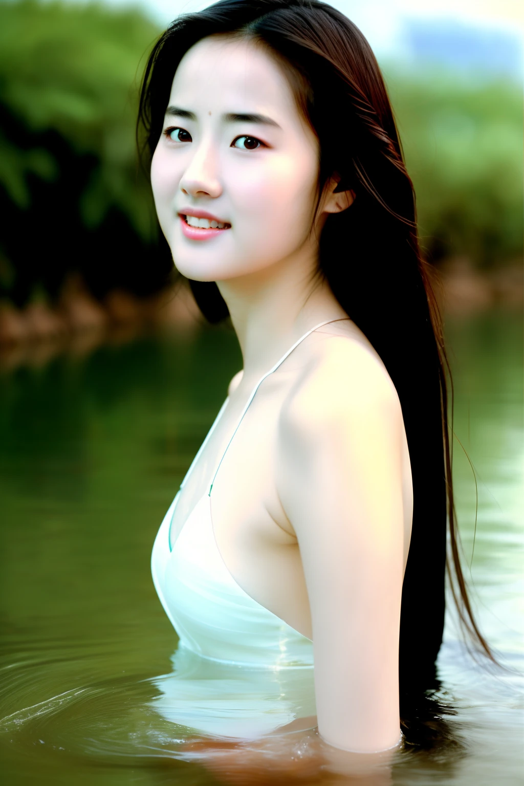 Original photographs, actresses, portraits of Liu Yifei bathing in the river (pale face, young girl, pretty face), (backlight), realism, masterpieces, highest quality, original photographs,