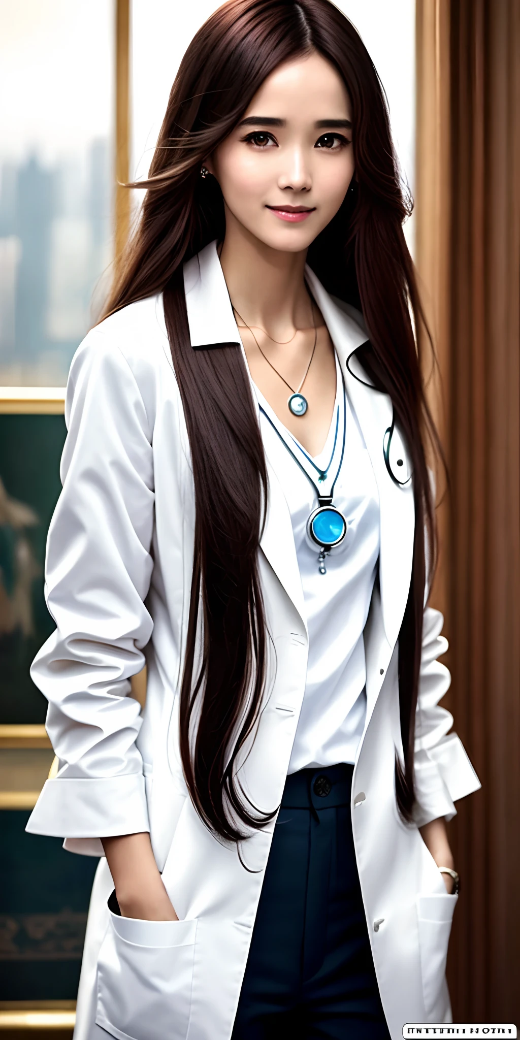 (yoona), long straight hair, full body shot of the most beautiful work of art in the world, smile, white suit, nostalgia, sensuality, stethoscope, majestic oil painting that specializes in the heart Ed Blinkey, Atey Ghailan, Studio Ghibli, Jeremy Mann, Greg Manches, Antonio Moro, trends in Atey Society, intricate, detailed, clear focus, TV series “Midjourney” and Greg “The Art of Sexually Realistic Painting” by Rutkowski, brunette, Asian, 27 years old, black necklace, watch,