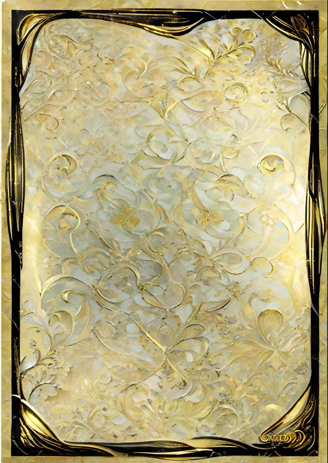 Close-up of a gold background with a black border, digital art by Leo Goetz, fashion trends on pixabay, art nouveau, card back template, ornate gold border. D&D, paper border, gold background, gold background, art nouveau frame.