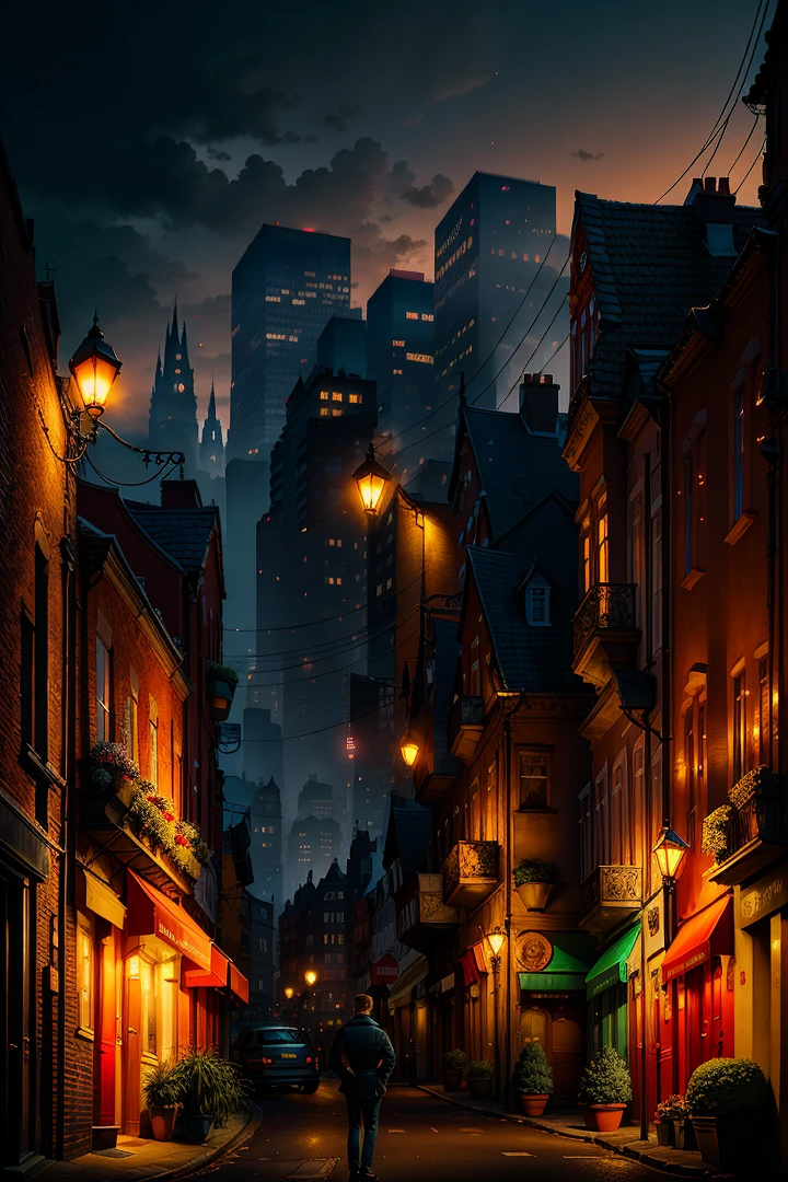 (Delicate and mysterious)), (detailed)), illustration, scene perspective (urban background), character image (wearing a stylish English jacket, restrained temperament), background elements (modern cityscapes and dim streetlights), background elements (modern cityscapes and dim streetlights), strong body, short stature, short brown hair, Hungarian,
