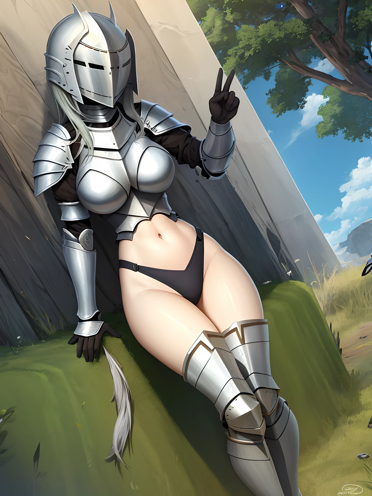 female knight, high thighs, breastplate, faceless, helmet, panites, half naked, visible stomach