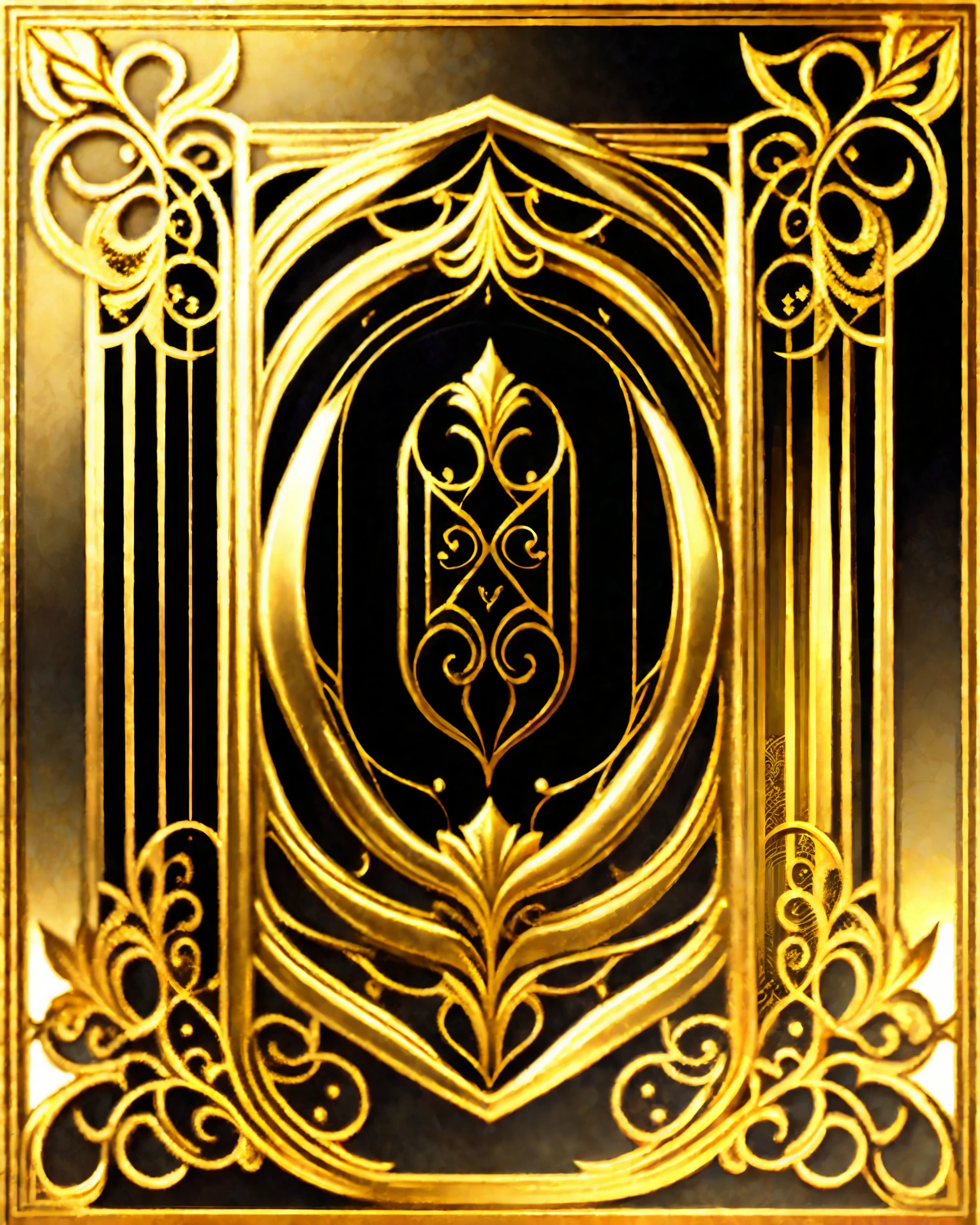 Close-up of a gold background with a black border, digital art by Leo Goetz, fashion trends on pixabay, art nouveau, card back template, ornate gold border. D&D, paper border, gold background, gold background, gold leaf on frame border, art nouveau frame.