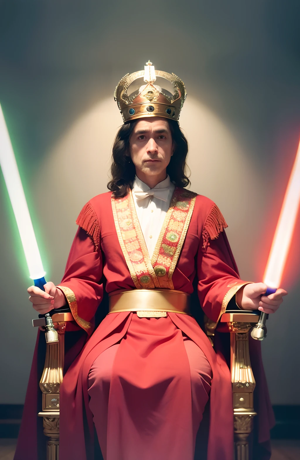 complex 3d render ultra detailed of a king Charles as a jedi master coronating , jedi, holding a light saber, Coronation of Charles III,Charles III, 150 mm, beautiful studio soft light, rim light, vibrant details, lace, hyperrealistic, facial muscles, microchip, elegant, beautiful background, octane render, 8k, best quality, masterpiece, illustration, an extremely delicate and beautiful, extremely detailed ,CG ,unity ,wallpaper, (realistic, photo-realistic:1.37),Amazing, finely detail, masterpiece,best quality,official art, extremely detailed CG unity 8k wallpaper, absurdres, incredibly absurdres, red light saber, full body, sitting, Charles Philip Arthur George, King of the United Kingdom