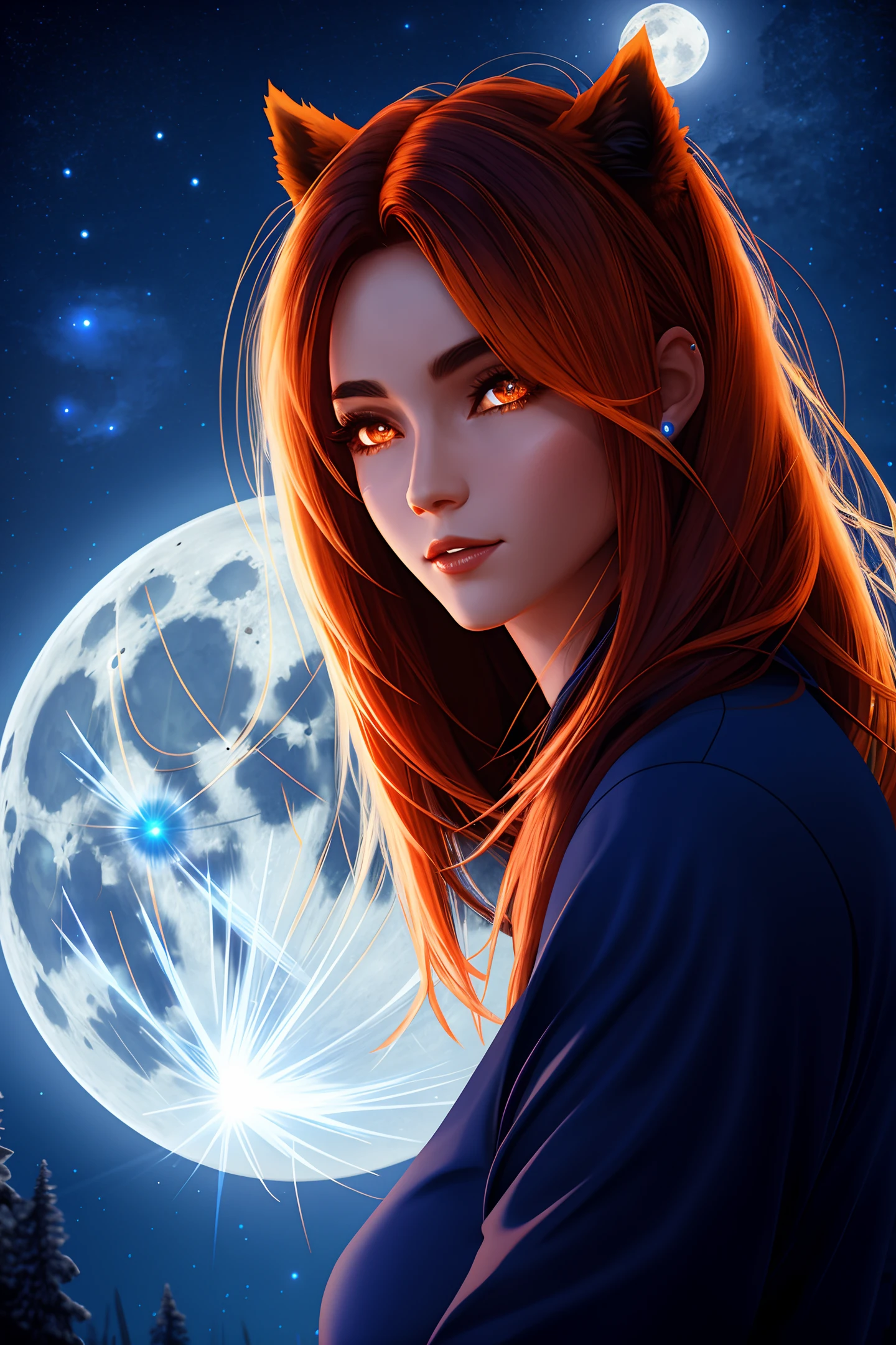 Blue Moon, Night Sky, Beautiful Female Werewolf, Mid-Length Hair, glowing orange eyes, realisitic, highly detailed, Unreal Engine, 8k