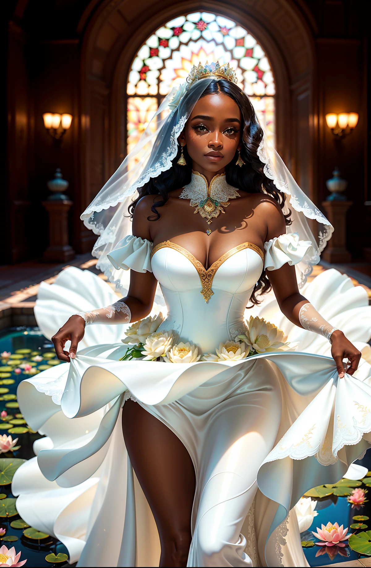 Masterpiece, top quality, single, (thin: 1.15), (shorts: 1.15), and (curvy) woman (dark skin: 1.11), full body, (close-up: 1.1), high angle and (white wedding dress), (perspective: 0.6) white wedding gown), bridal gloves, (perfect face: 1.1) intricate (high detail: 1.1) figure, raised eyes, lips, background is a pond, lush flowers, falling lotus flowers, falling lotus flowers, falling lotus flowers, falling lotus flowers, falling lotus flowers, falling lotus flowers, falling flowers in the background Flower, Falling Lotus, Falling Lotus, Butterfly Lee, Firefly, by Nikon D850 Film photo taken by Jeffries 4 The Kodak Portra 400 camera f1.6 lens is brightly colored, ultra-realistic in texture, and dramatizes lighting trends on the Unreal Engine art station cinestil800