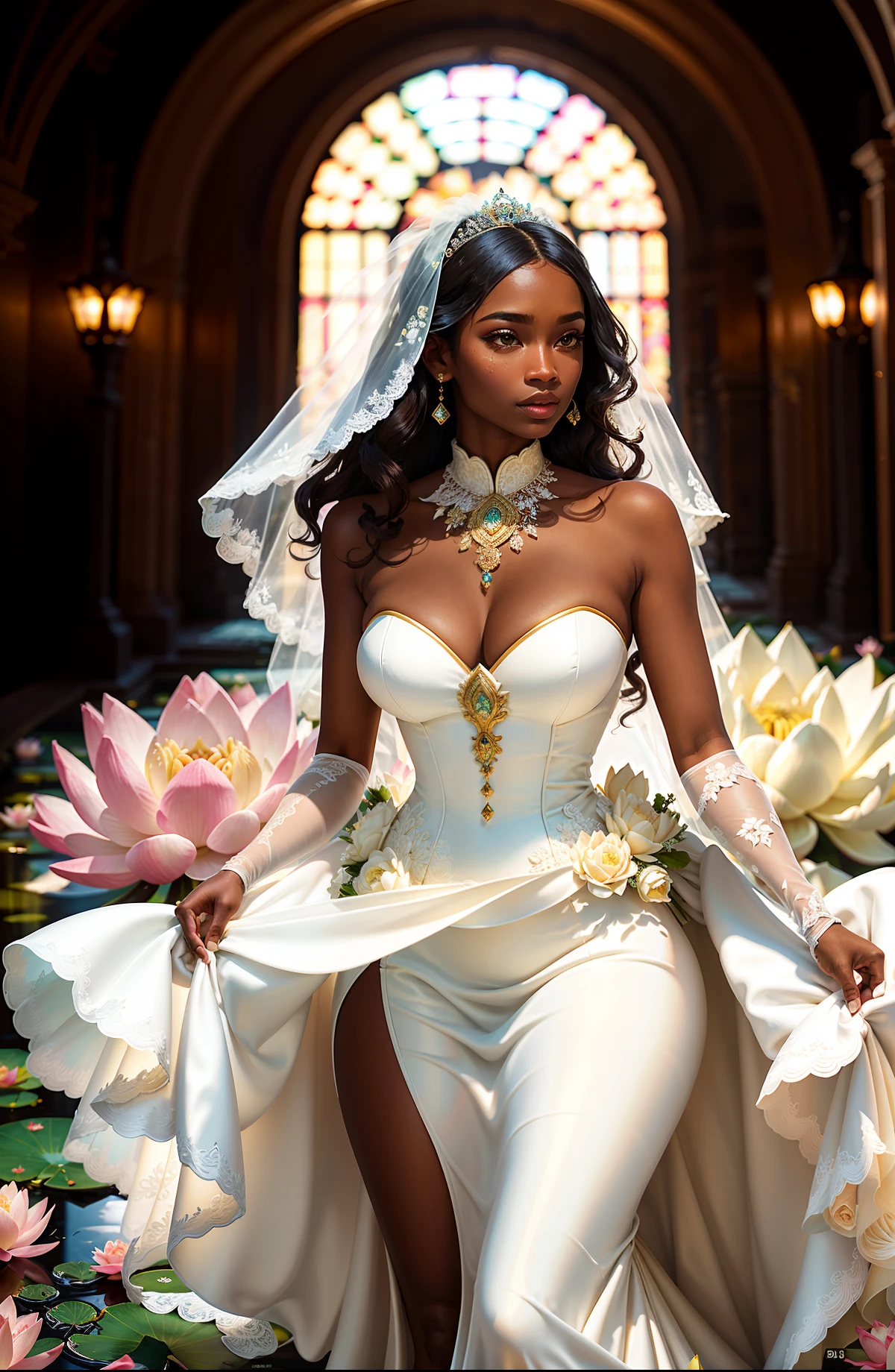Masterpiece, top quality, single, (thin: 1.15), (shorts: 1.15), and (curvy) woman (dark skin: 1.11), full body, (close-up: 1.1), high angle and (white wedding dress), (perspective: 0.6) white wedding gown), bridal gloves, (perfect face: 1.1) intricate (high detail: 1.1) figure, raised eyes, lips, background is a pond, lush flowers, falling lotus flowers, falling lotus flowers, falling lotus flowers, falling lotus flowers, falling lotus flowers, falling lotus flowers, falling flowers in the background Flower, Falling Lotus, Falling Lotus, Butterfly Lee, Firefly, by Nikon D850 Film photo taken by Jeffries 4 The Kodak Portra 400 camera f1.6 lens is brightly colored, ultra-realistic in texture, and dramatizes lighting trends on the Unreal Engine art station cinestil800