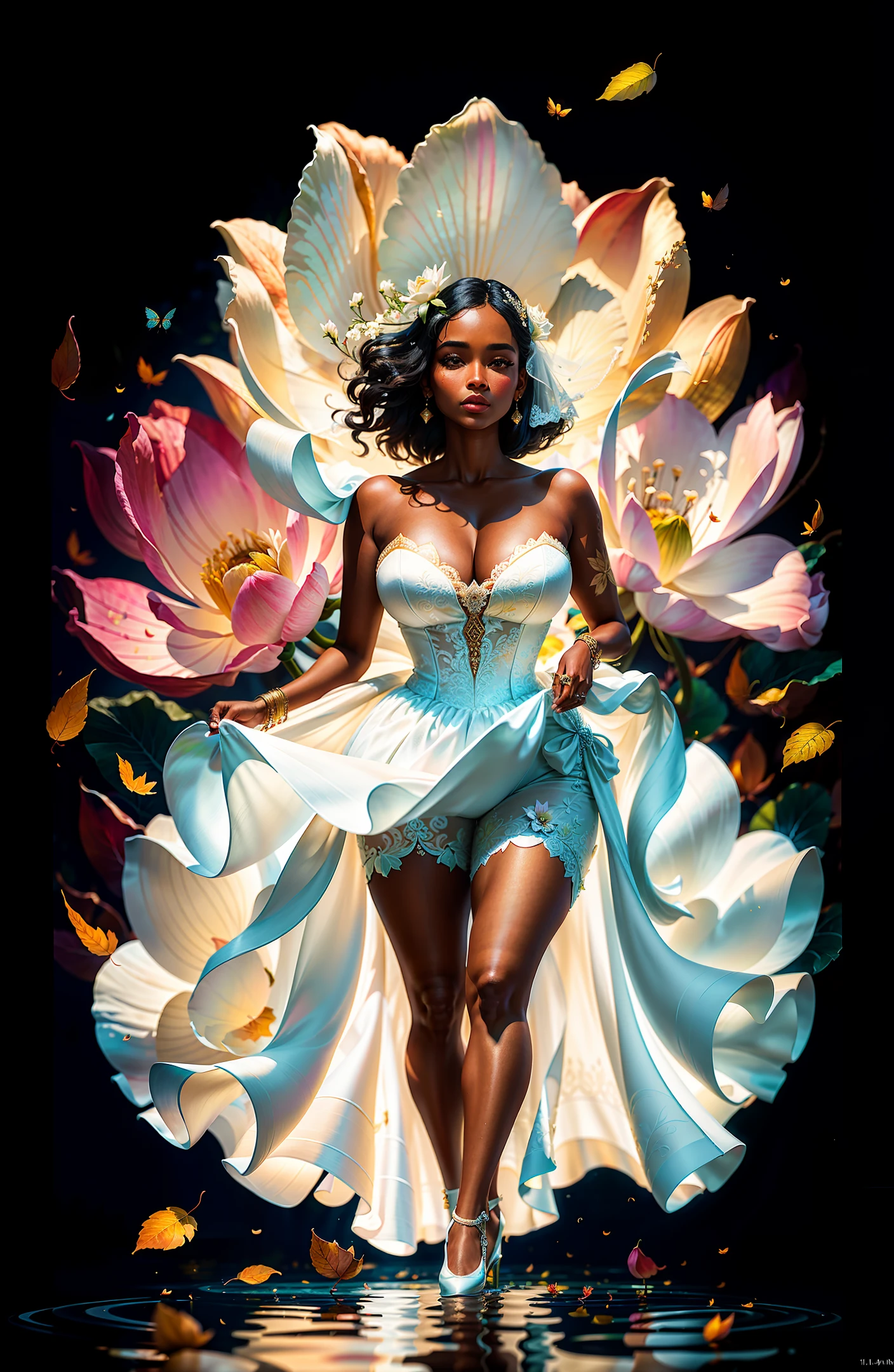 Masterpiece, top quality, single, (thin: 1.15), (shorts: 1.15), and (curvy) woman (dark skin: 1.11), full body, (close-up: 1.1), high angle and (white wedding dress), (perspective: 0.6) white wedding gown), bridal gloves, (perfect face: 1.1) intricate (high detail: 1.1) figure, raised eyes, lips, background with lotus flower bed, lush foliage, (falling leaves on water: 1.0) Cherry blossoms below, butterflies, fireflies, photographed by Nikon Lee Jeffries D850 film photo 4 kodak portra 400 camera f1.6 lens is rich in color, realistic textures, and lighting trends are dramatized on the Unreal Engine art station cinestil800