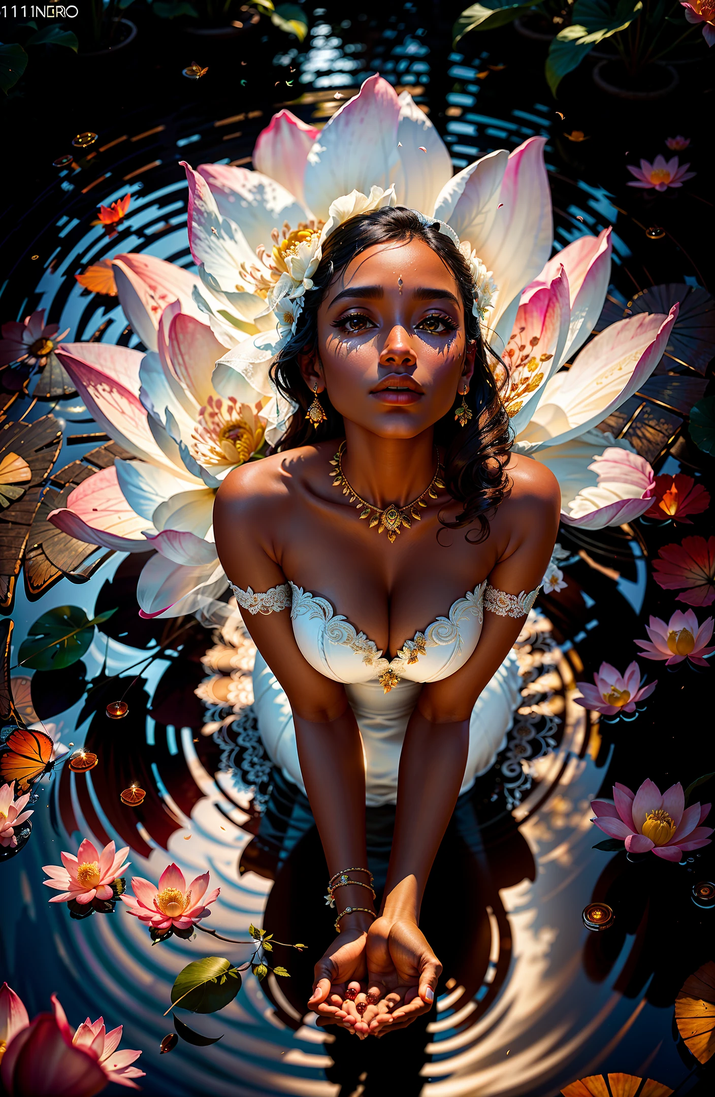 Masterpiece, top quality, single, (thin: 1.15), (shorts: 1.15), and (curvy) woman (dark skin: 1.11), full body, (close-up: 1.1), high angle and (white wedding dress), (perspective: 0.6) white wedding gown), bridal gloves, (perfect face: 1.1) intricate (high detail: 1.1) figure, raised eyes, lips, background with lotus flower beds, lush foliage age, (water falling leaves: 1.0) The cherry blossoms, butterflies, and fireflies below, by Nikon Lee Jeffries D850 film photo 4 kodak portra 400 camera f1.6 lens rich colors, realistic textures, and lighting trends were dramatized on the Unreal Engine art station cinestil800