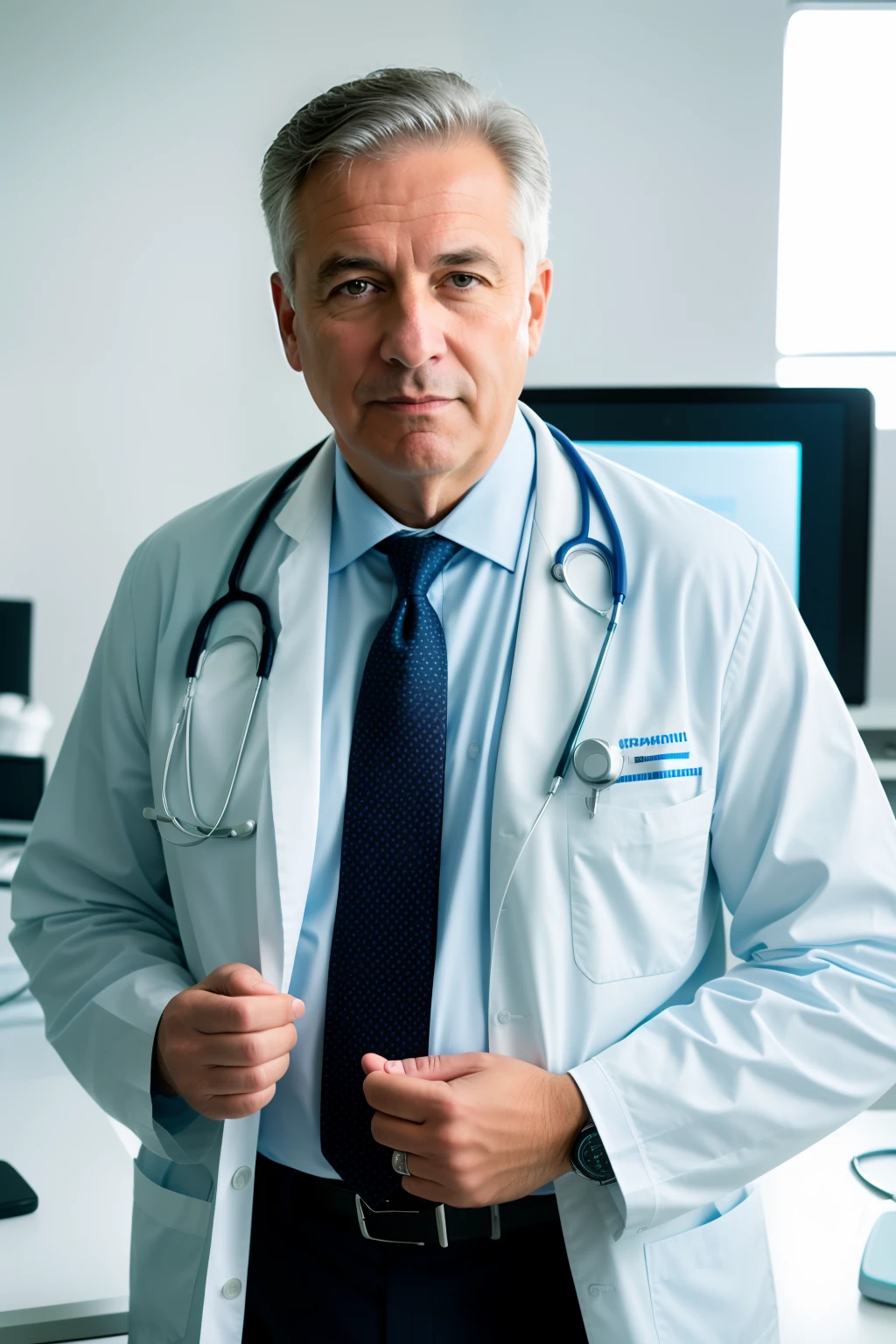 RAW photo, (high definition detail skin: 1.2), 8k Ultra HD, digital SLR camera, soft light, high definition, movie particles, Fujifilm XT3, a man in a white doctor's jacket, background: (medical equipment, office), thoughtful, 60 years old, gray hair,