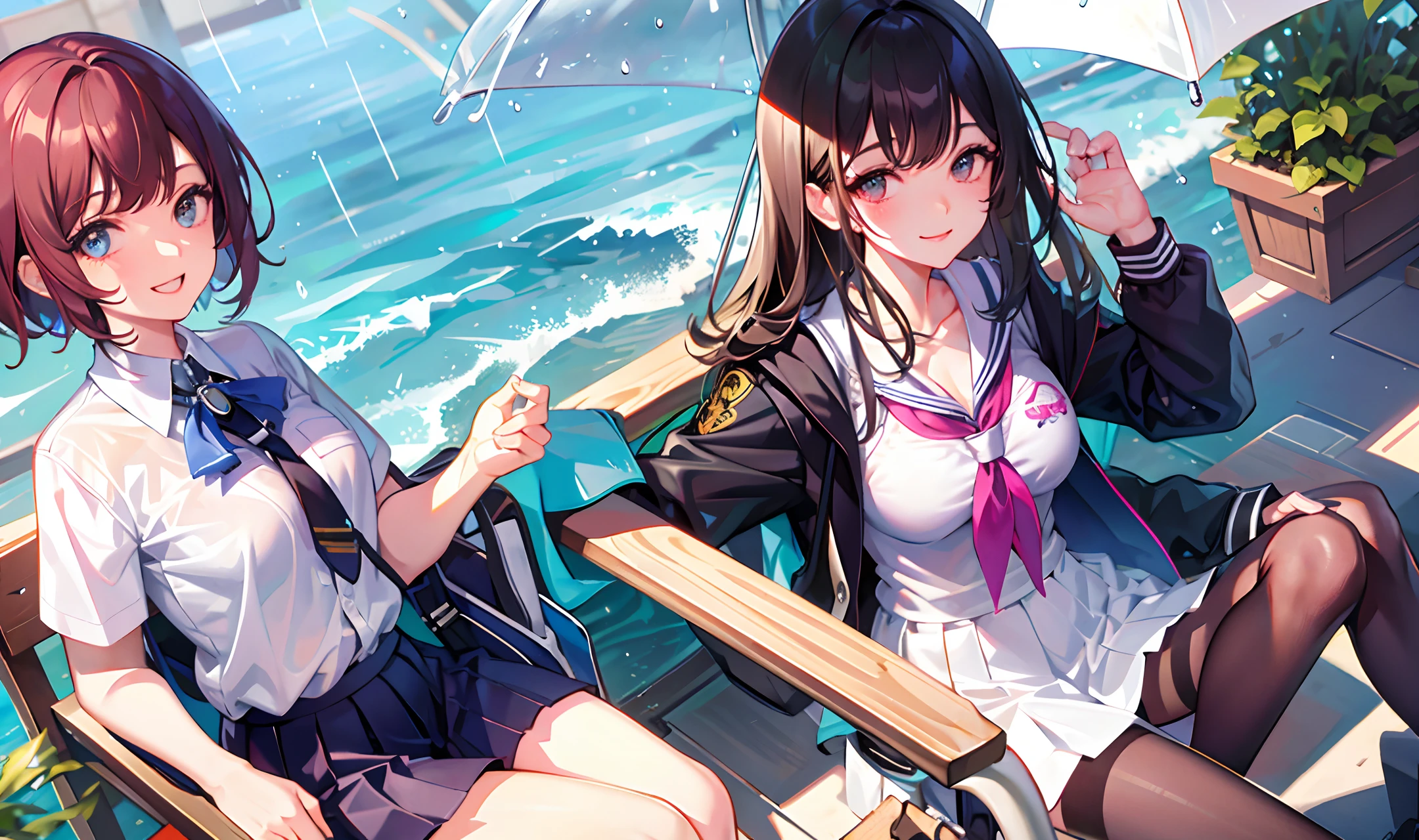 school,gril,sit,smiley,look at me,, transparent bra,rain