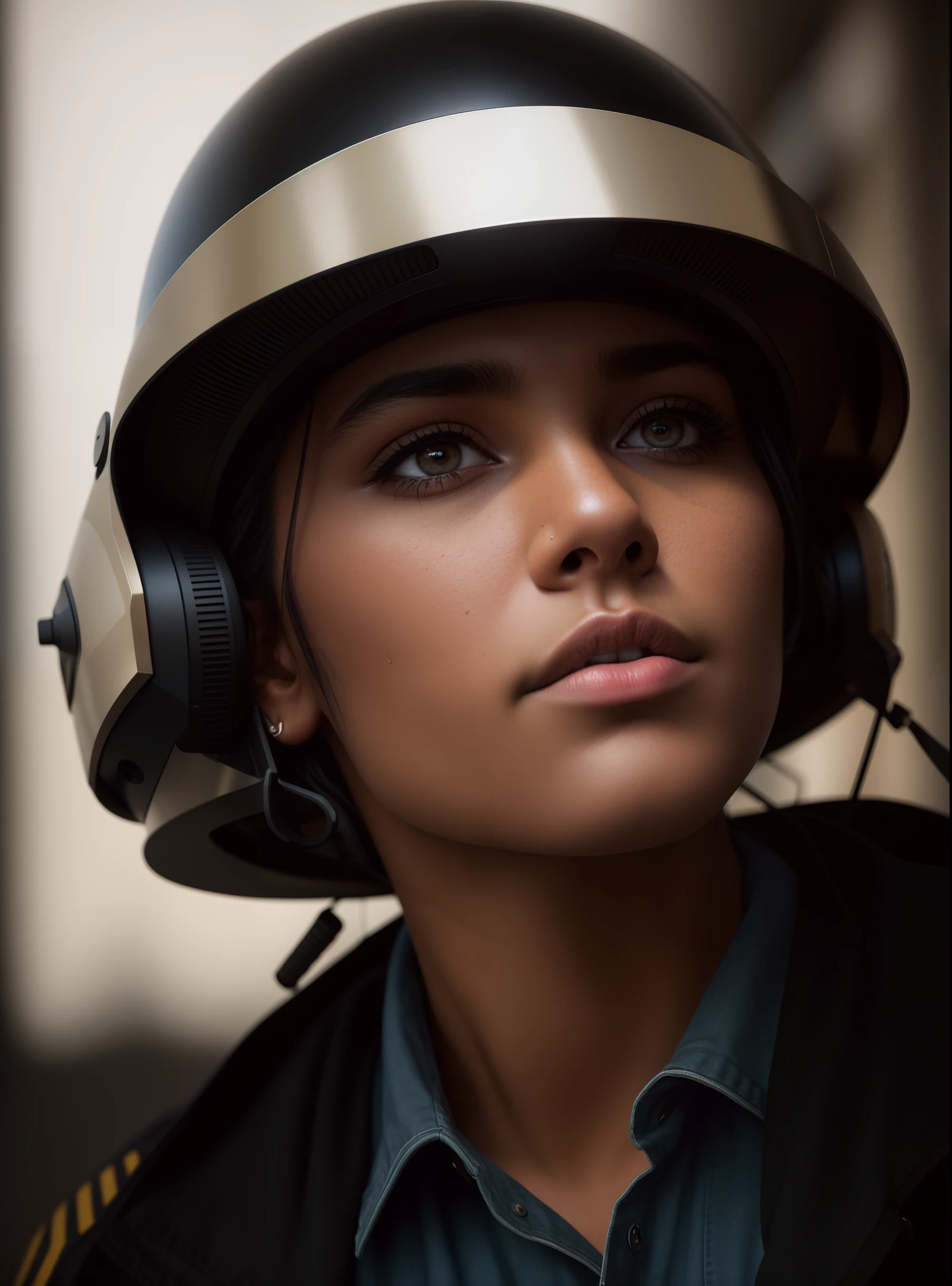 1 woman, tanned, black hair, sitting in Rebel Trooper uniform helmet, full body, photorealistic, photo, masterpiece, realistic, realism, photorealism, photorealism, photorealism, photorealism, photorealism, digital art trending on Artstation 8k HD high definition, realistic, detailed, skin texture, anchor, best quality, ultra high resolution, detailed, raw photo, sharp, by Lee Jeffries Nikon D850 film, stock photo 4, Kodak Portra 400 camera, f/1.6 lens, rich colors, hyper-realistic, lifelike texture, dramatic lighting , Unrealengine trending on Artstation Cinesstill 800,