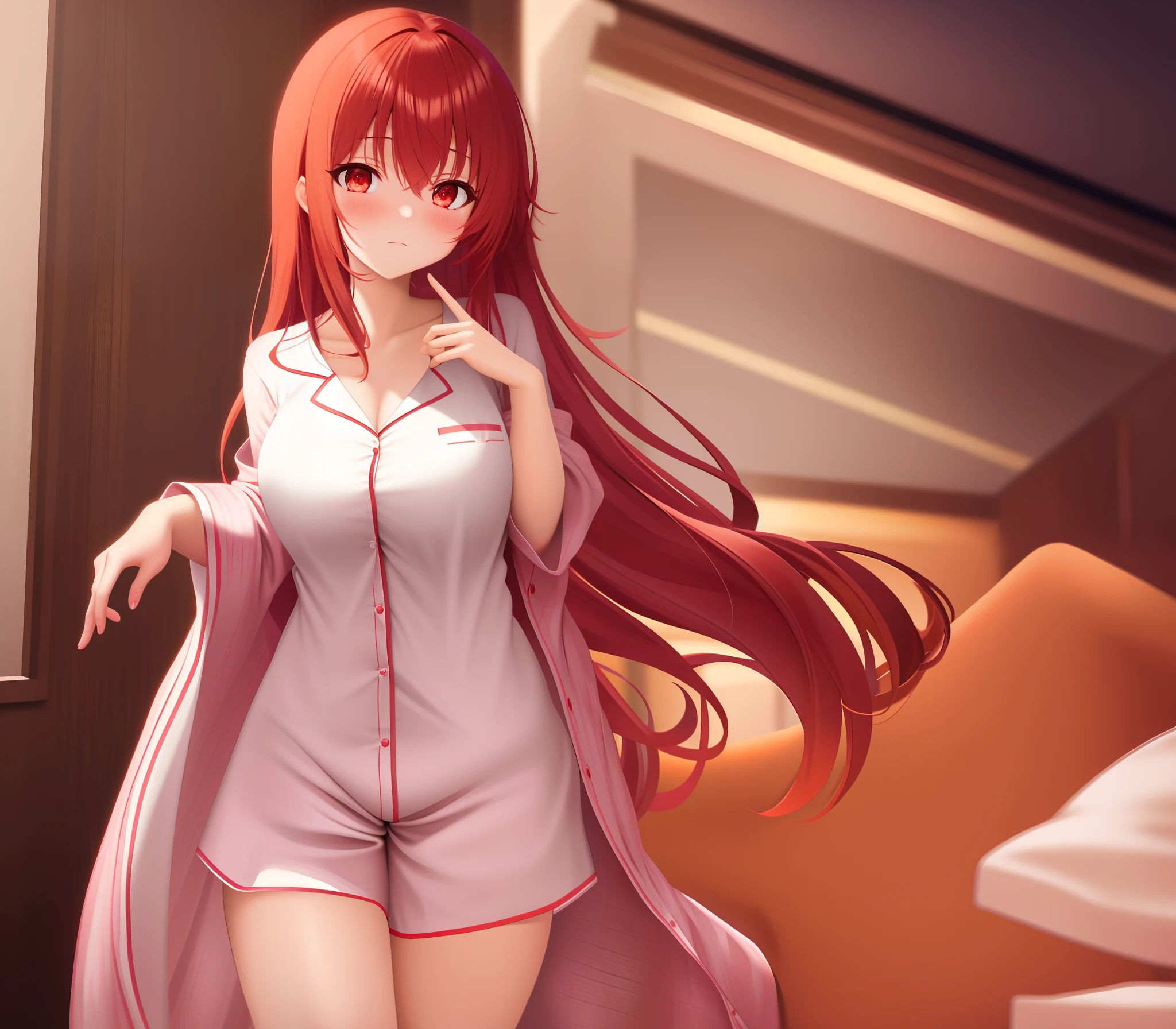 best quality, Mio_Naruse, 1girl, nude pajamas, tired, rubbing_eyes, red_hair, large_breasts