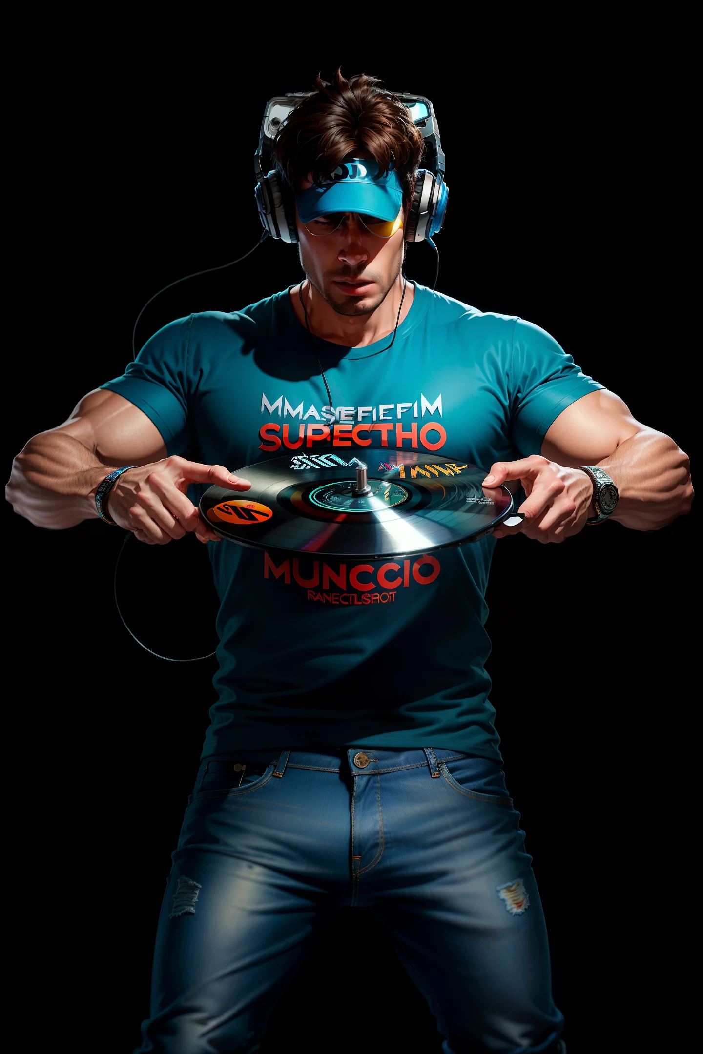 ((best quality)), ((super detail)), ((masterpiece)), photo, scene: equipped radio music studio, theme: character: DJ appearance: DJ with headphones, action: dancing, facial expression: expressive, holds vinyl records, bright T-shirt, blue jeans, white sneakers, perspective: 4K.