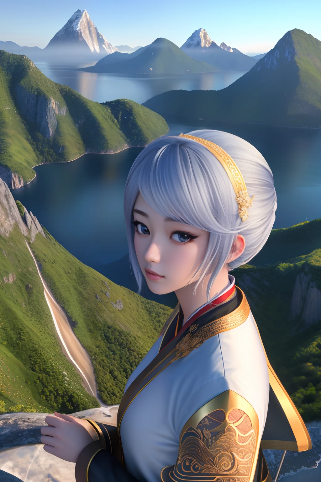 ((Masterpiece)), (portrait), (extremely detailed CG unity 8k wallpaper), (raw photo), (dramatic), (photorealistic), (intricate), (sharp focus), a stunningly beautiful Korean mountain with a serene lake lying at its feet.