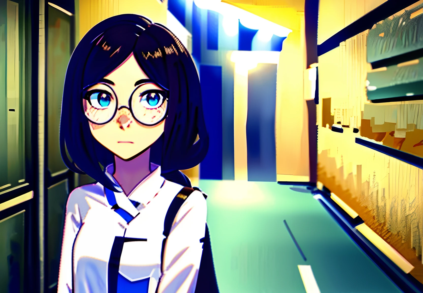girl in the hallway. She had blue-black hair tied into a ponytail, and she wore glasses. Her bangs were long and messy, and her brown eyes glowing in the light. She had a pale complexion, and freckles over her nose, and was clearly tall for her age. She was also visibly stressed about something, and you had the urge to help her out.