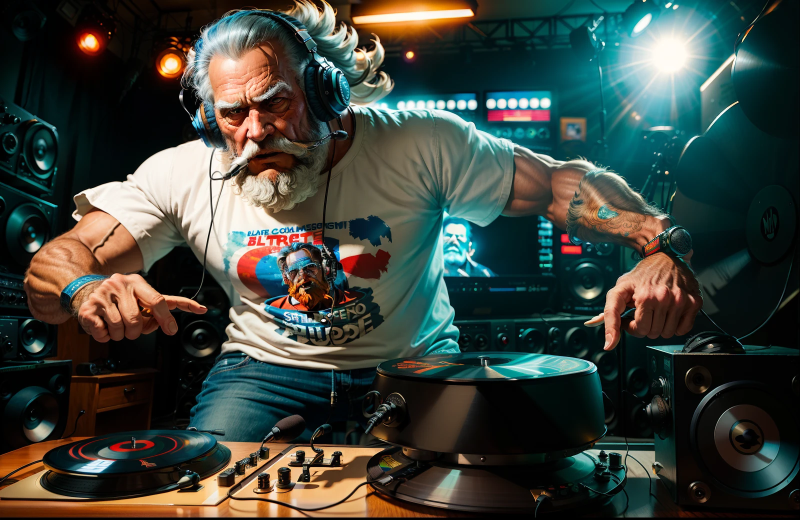 ((best quality)), (super detail)), ((masterpiece)), photo, scene: equipped radio studio, theme: character: old buffalo, appearance: DJ with beard, headphones and microphone on a stand, action: dancing, facial expression: expressive, holds vinyl records, bright T-shirt, blue jeans, white sneakers, perspective: 4K.