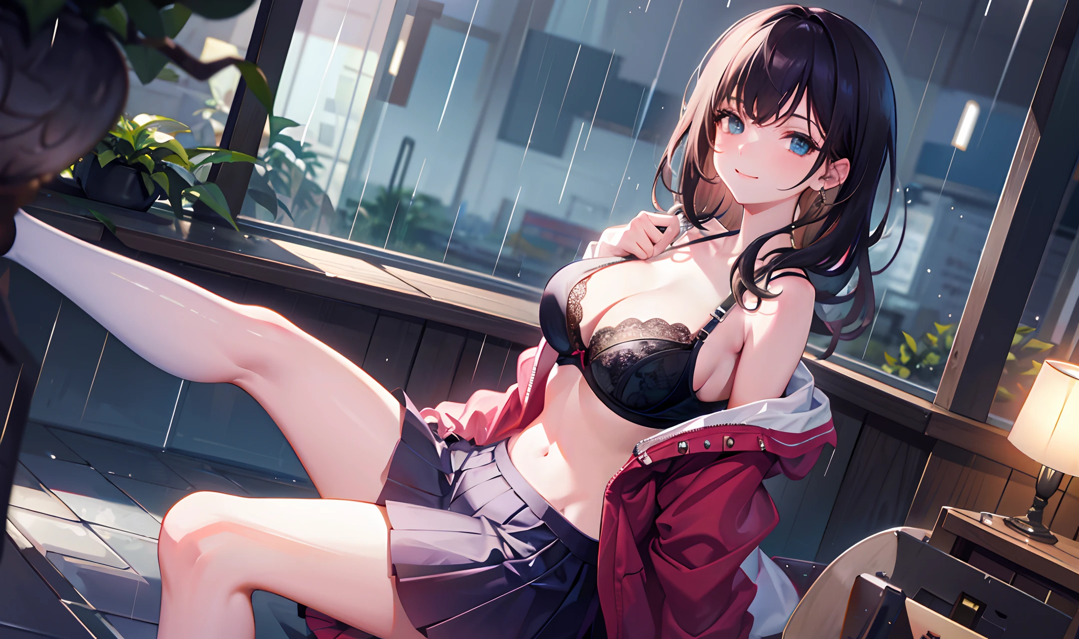 school, gril, sitting, smiley, look at me, transparent bra, rain